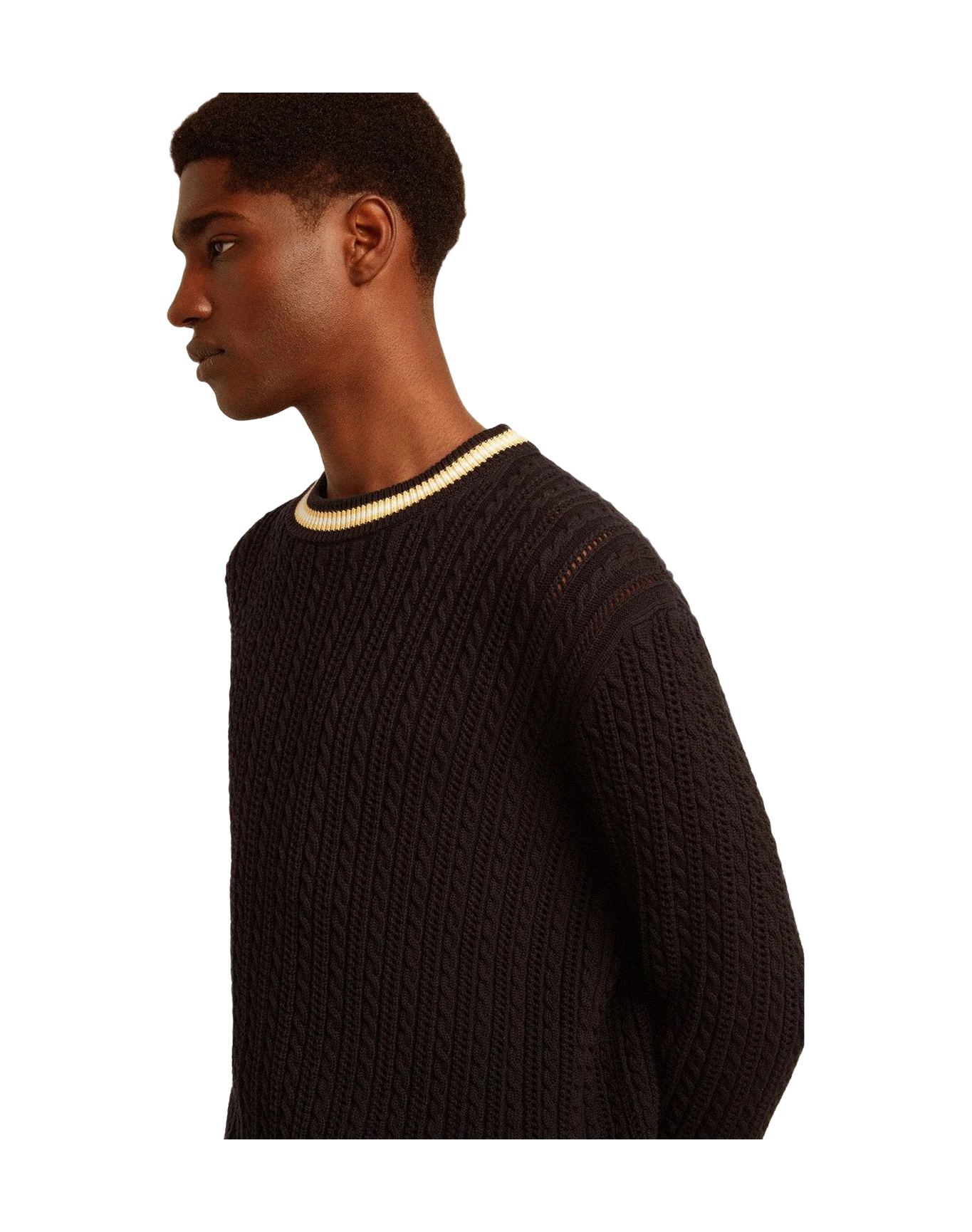 Men | Blue Round-Neck Sweater with Contrasting Ribbing | Dark Blue x White x Yellow