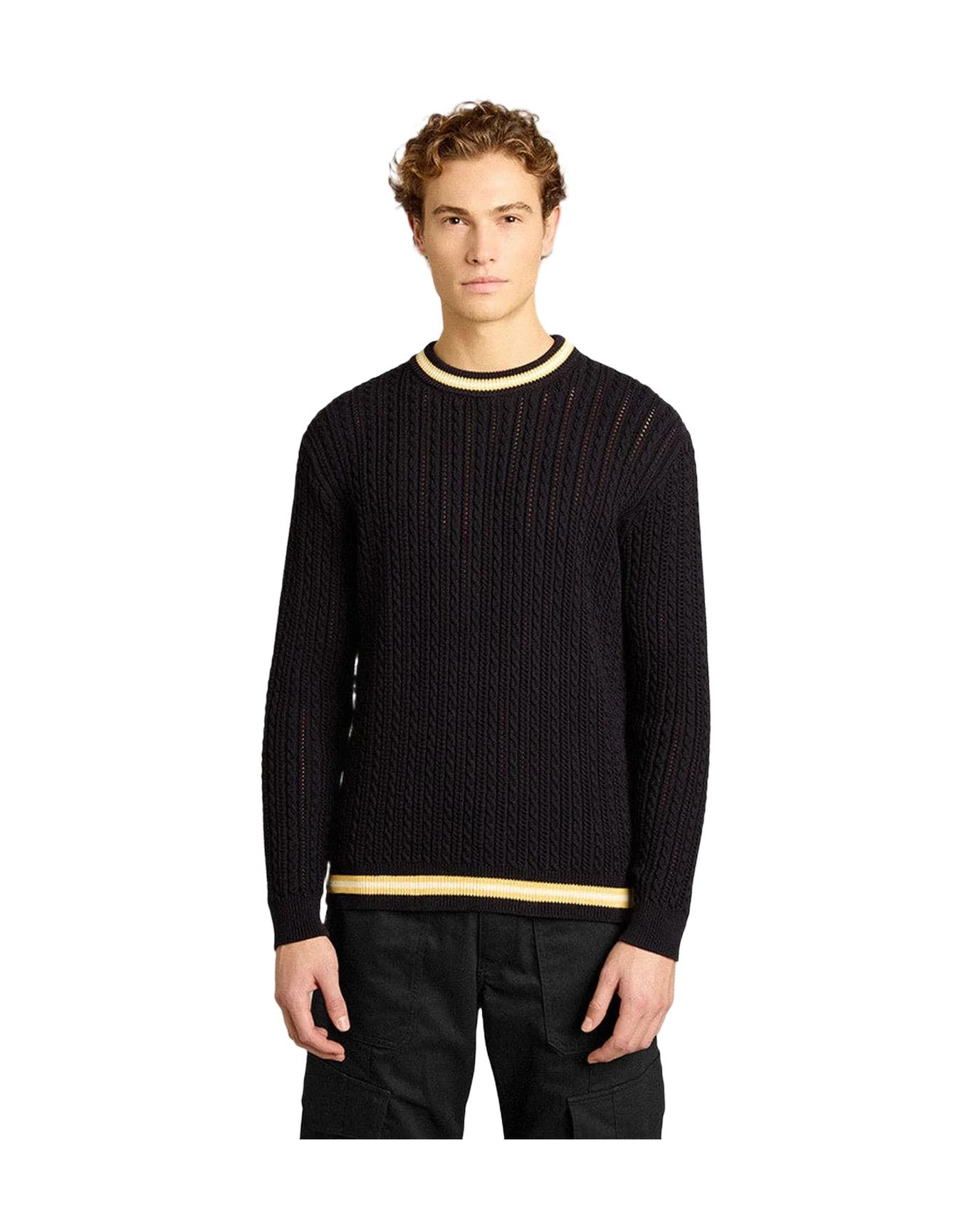 Men | Blue Round-Neck Sweater with Contrasting Ribbing | Dark Blue x White x Yellow - Image 10