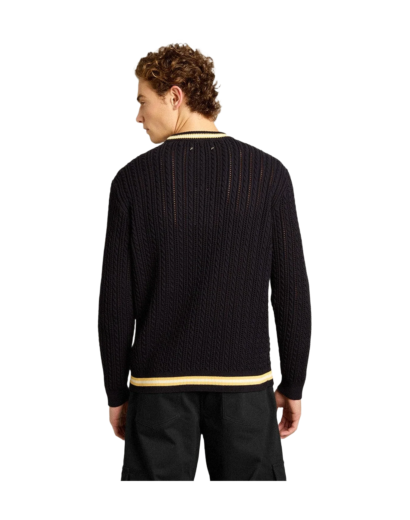 Men | Blue Round-Neck Sweater with Contrasting Ribbing | Dark Blue x White x Yellow - Image 11
