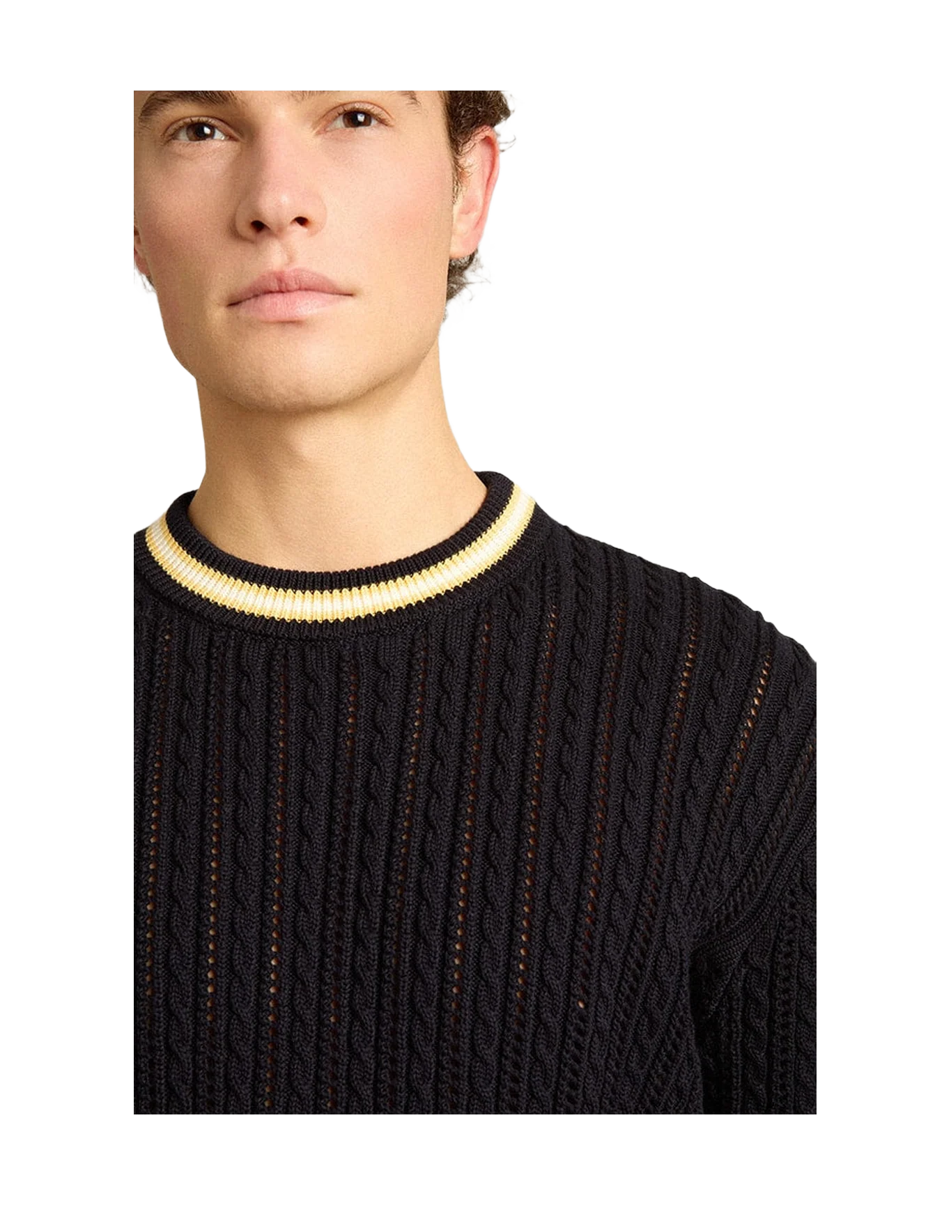 Men | Blue Round-Neck Sweater with Contrasting Ribbing | Dark Blue x White x Yellow - Image 2