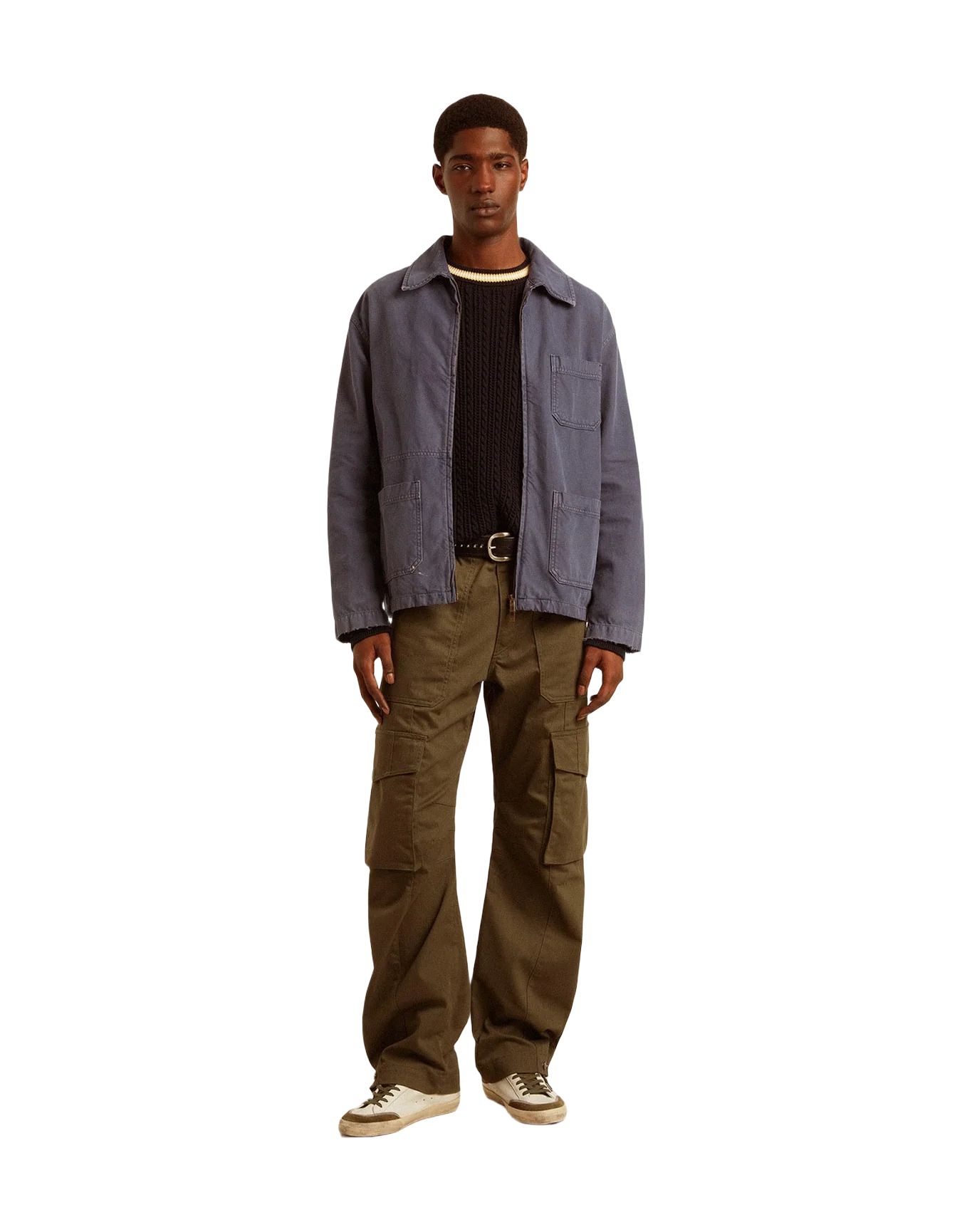 Men | Blue Round-Neck Sweater with Contrasting Ribbing | Dark Blue x White x Yellow - Image 3