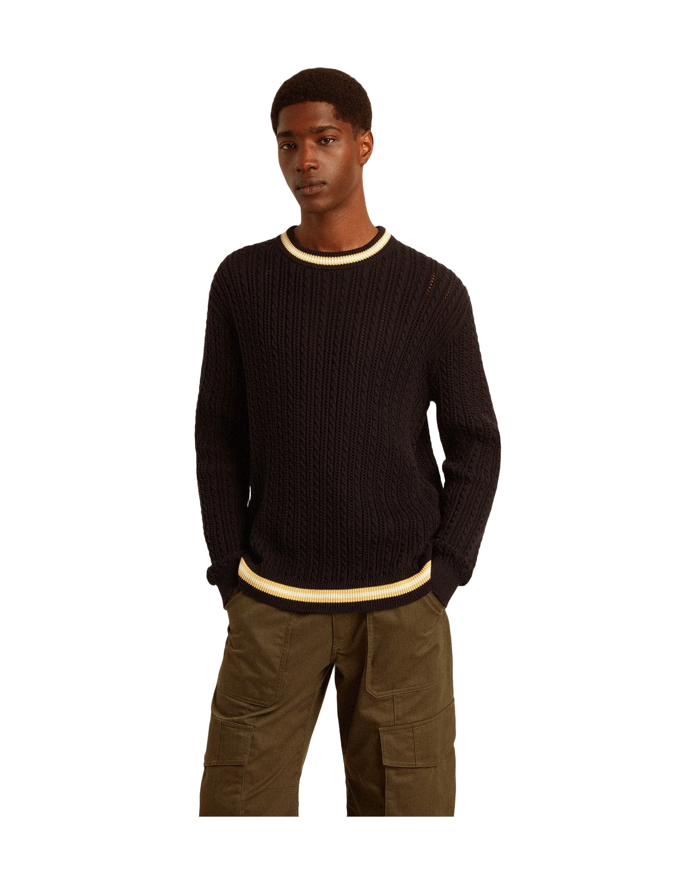 Men | Blue Round-Neck Sweater with Contrasting Ribbing | Dark Blue x White x Yellow - Image 4