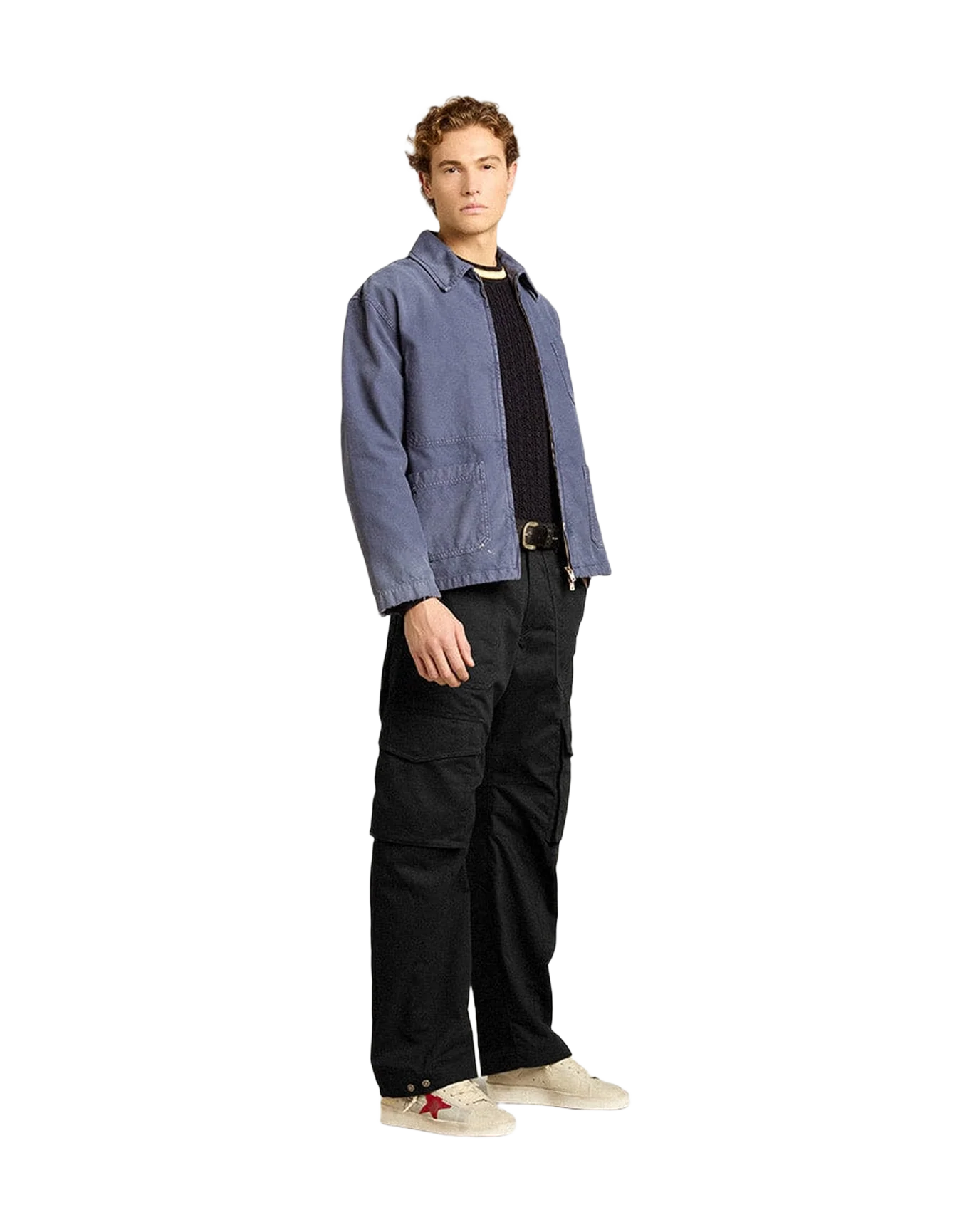 Men | Blue Round-Neck Sweater with Contrasting Ribbing | Dark Blue x White x Yellow - Image 6