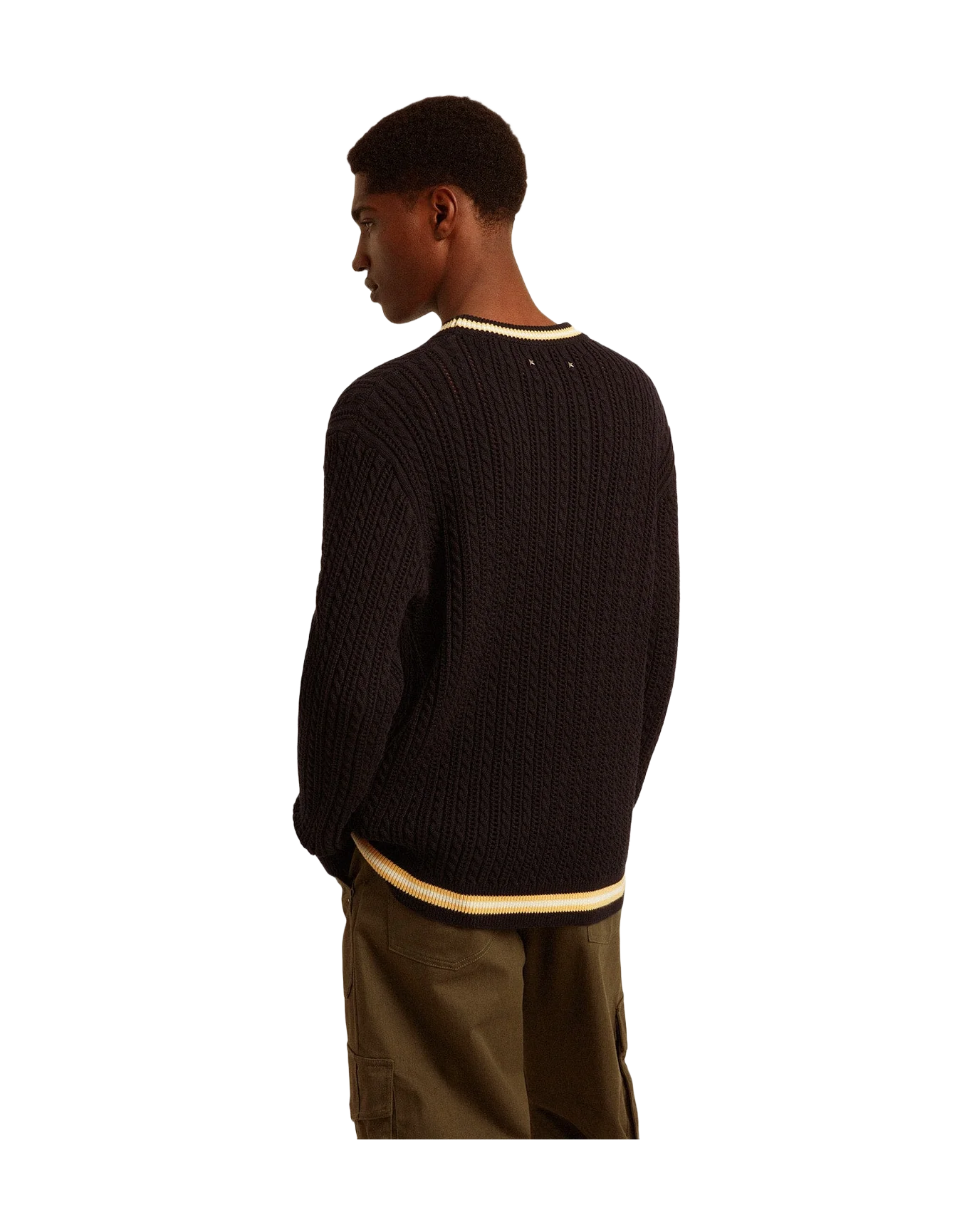 Men | Blue Round-Neck Sweater with Contrasting Ribbing | Dark Blue x White x Yellow - Image 8
