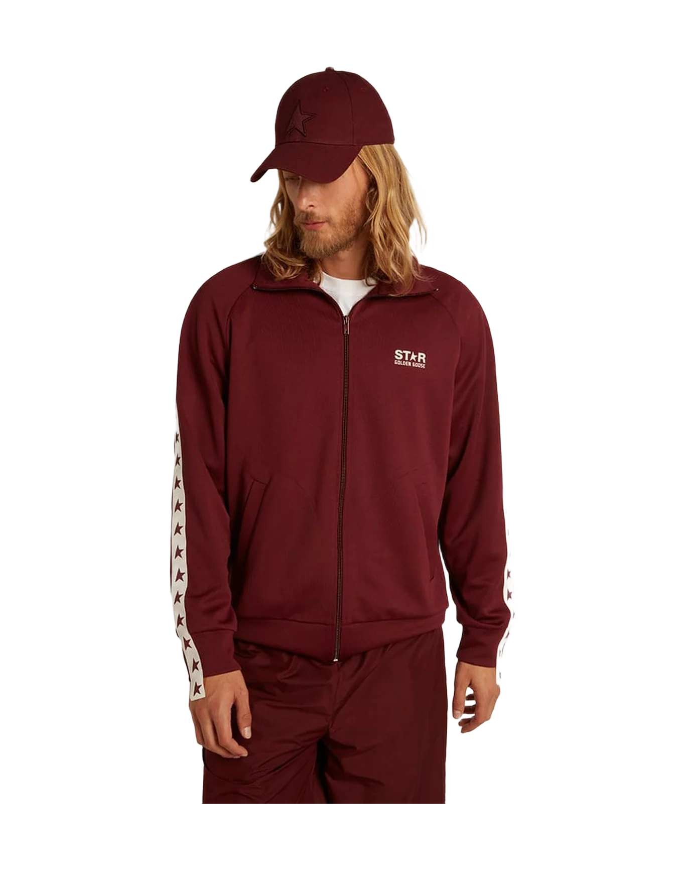 Men | Burgundy Zipped Sweatshirt with White Strip & Contrasting Stars | Windsor Wine x White - Image 4