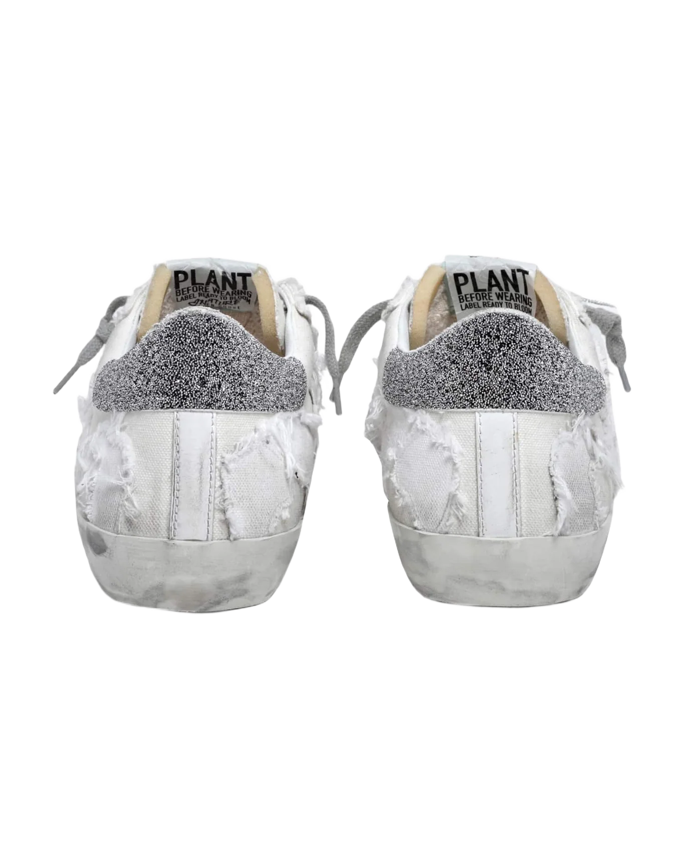 Men | Canvas Super-Star Sneakers with Swarovski Crystal Heel Tab | Milk White Beige x Black Silver - Image 4