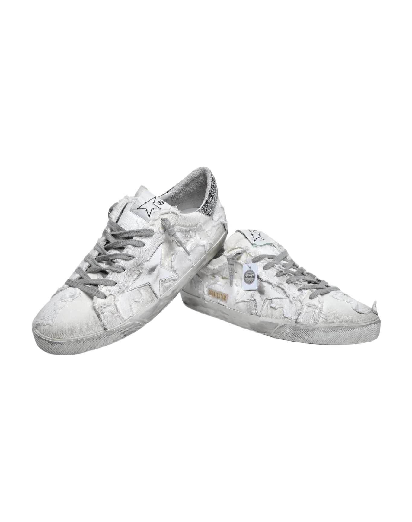 Men | Canvas Super-Star Sneakers with Swarovski Crystal Heel Tab | Milk White Beige x Black Silver - Image 6