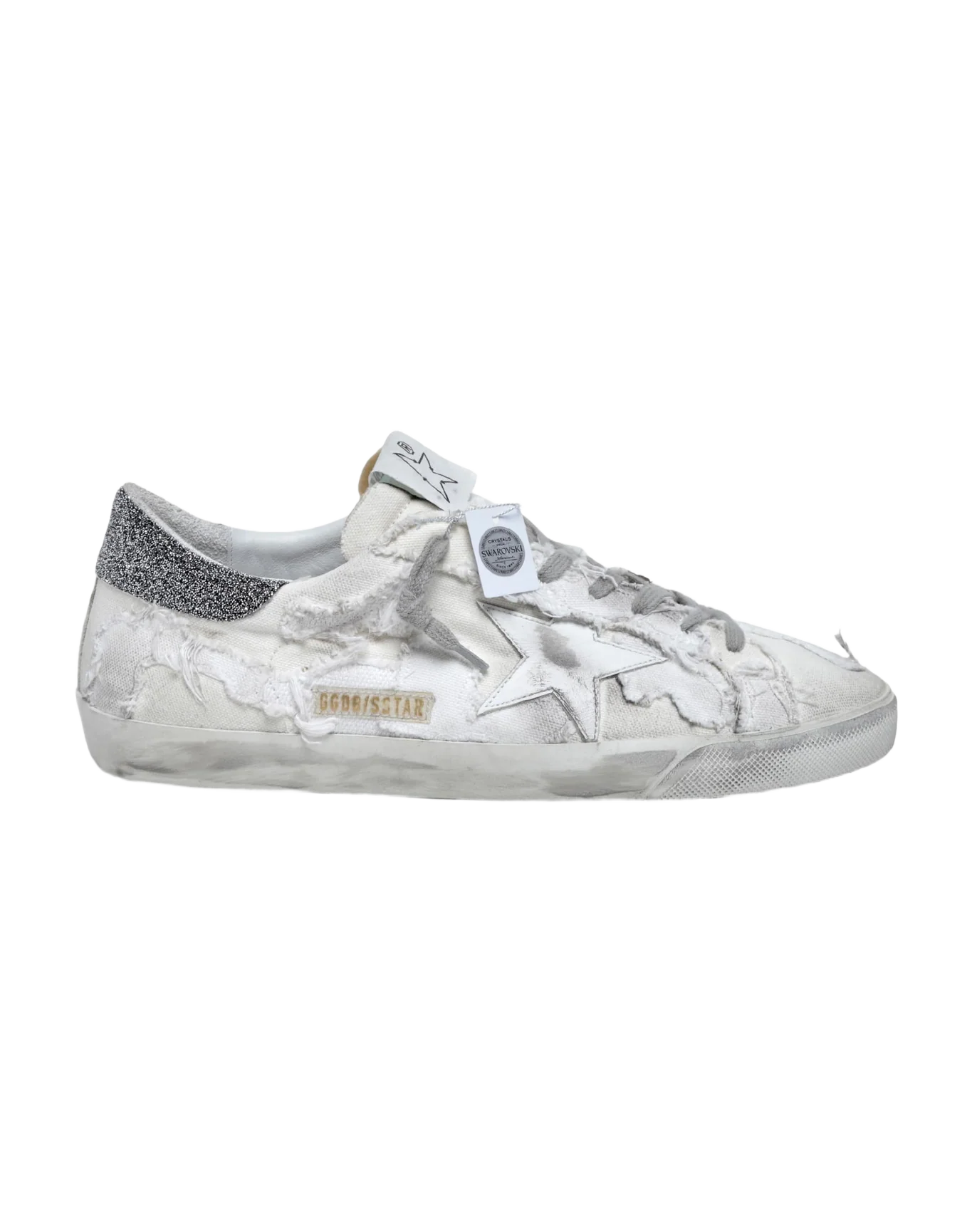 Men | Canvas Super-Star Sneakers with Swarovski Crystal Heel Tab | Milk White Beige x Black Silver - Image 7