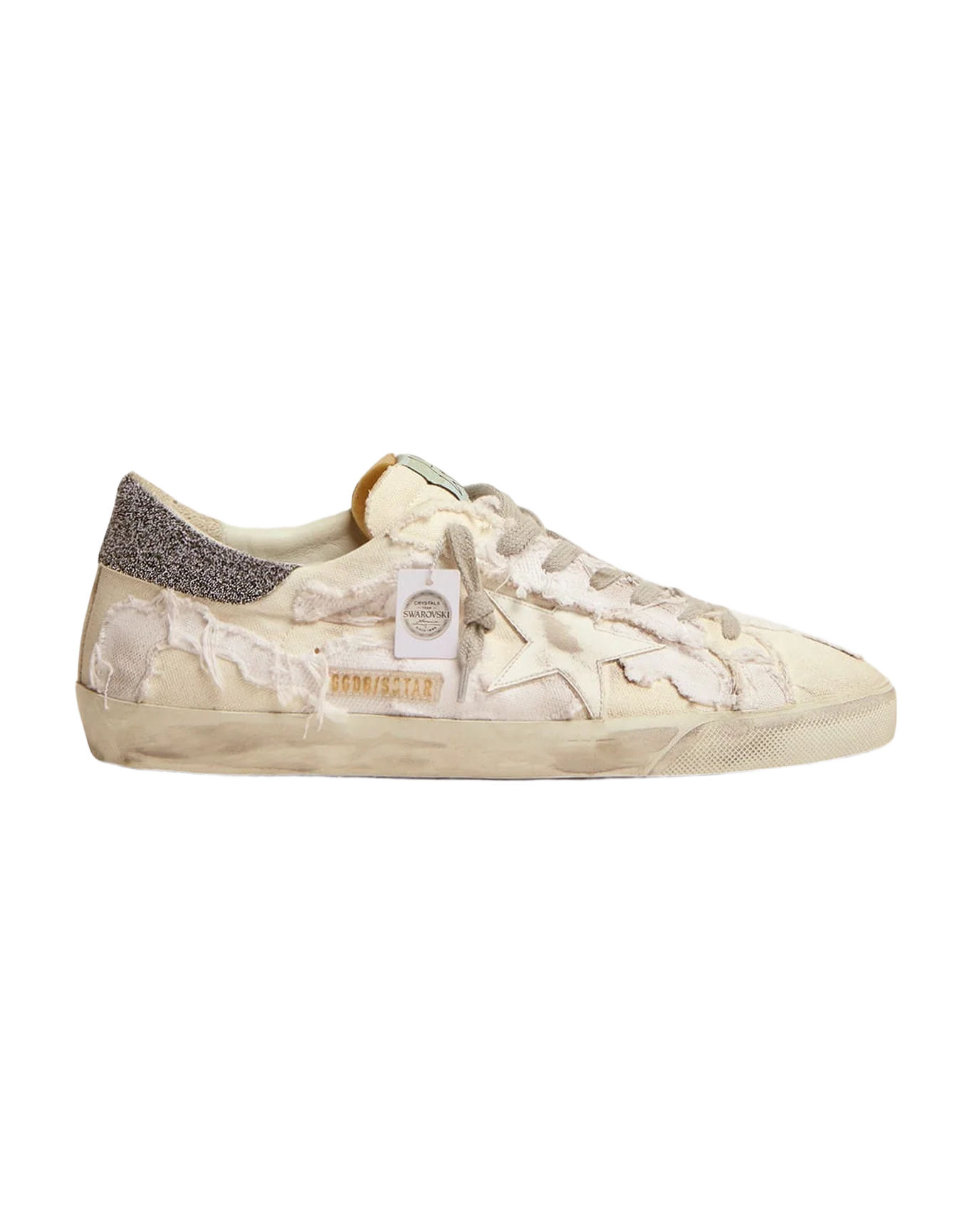 Men | Canvas Super-Star Sneakers with Swarovski Crystal Heel Tab | Milk White Beige x Black Silver - Image 8