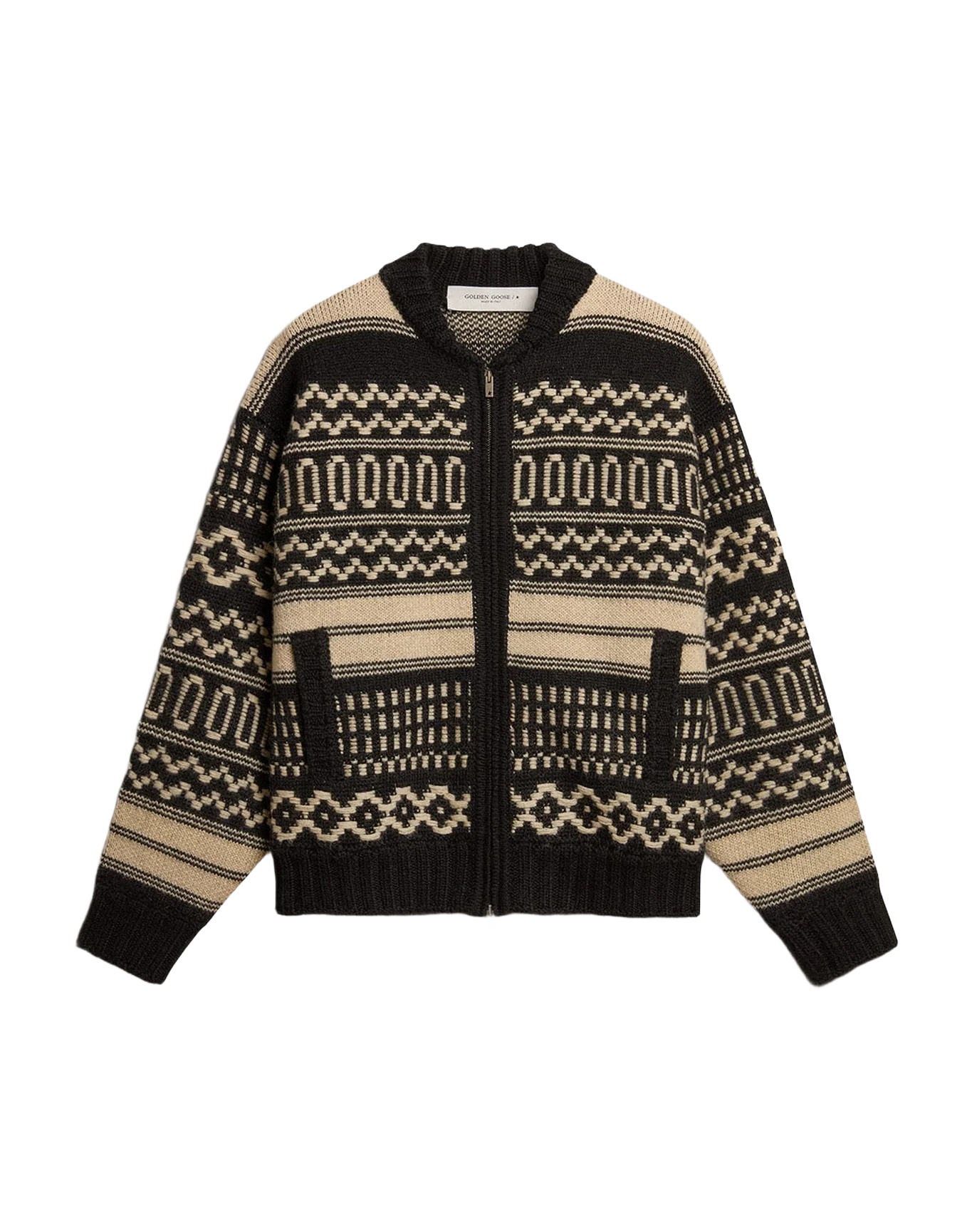 Men | Cardigan Ecru Wool with Jacquard Design | Black x Ecru - Image 10