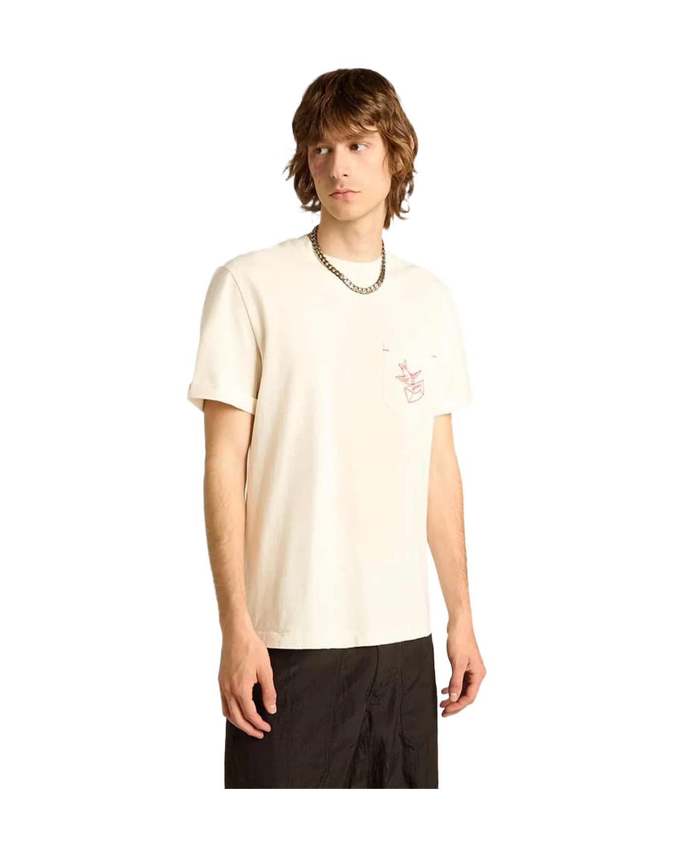 Men | Cotton T-Shirt Aged White with Embroidered Pocket | Heritage White x Dark Red - Image 10