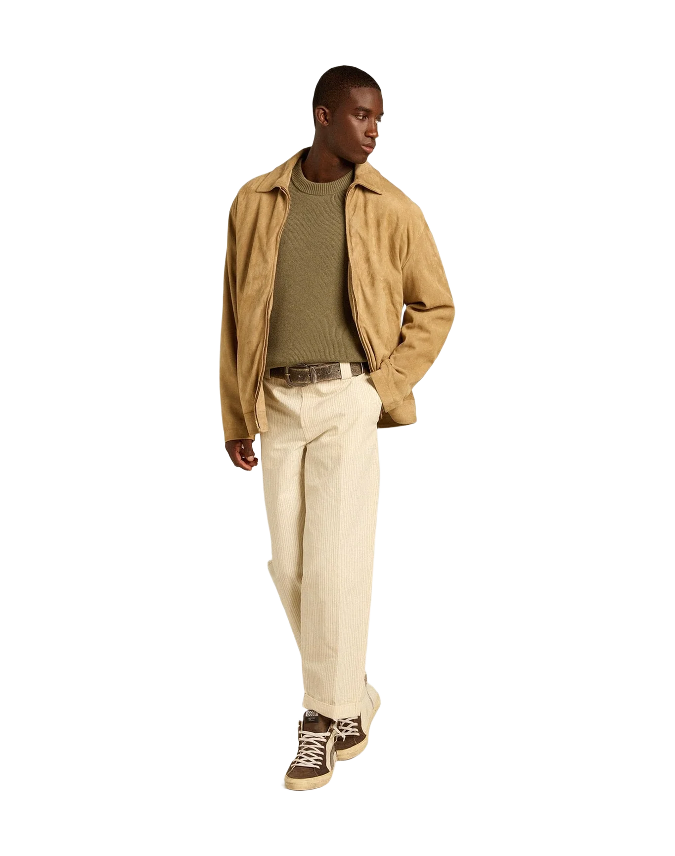Men | Cream-Colored Pants Striped Cotton | Ecru x Eclipse x Dull Gold