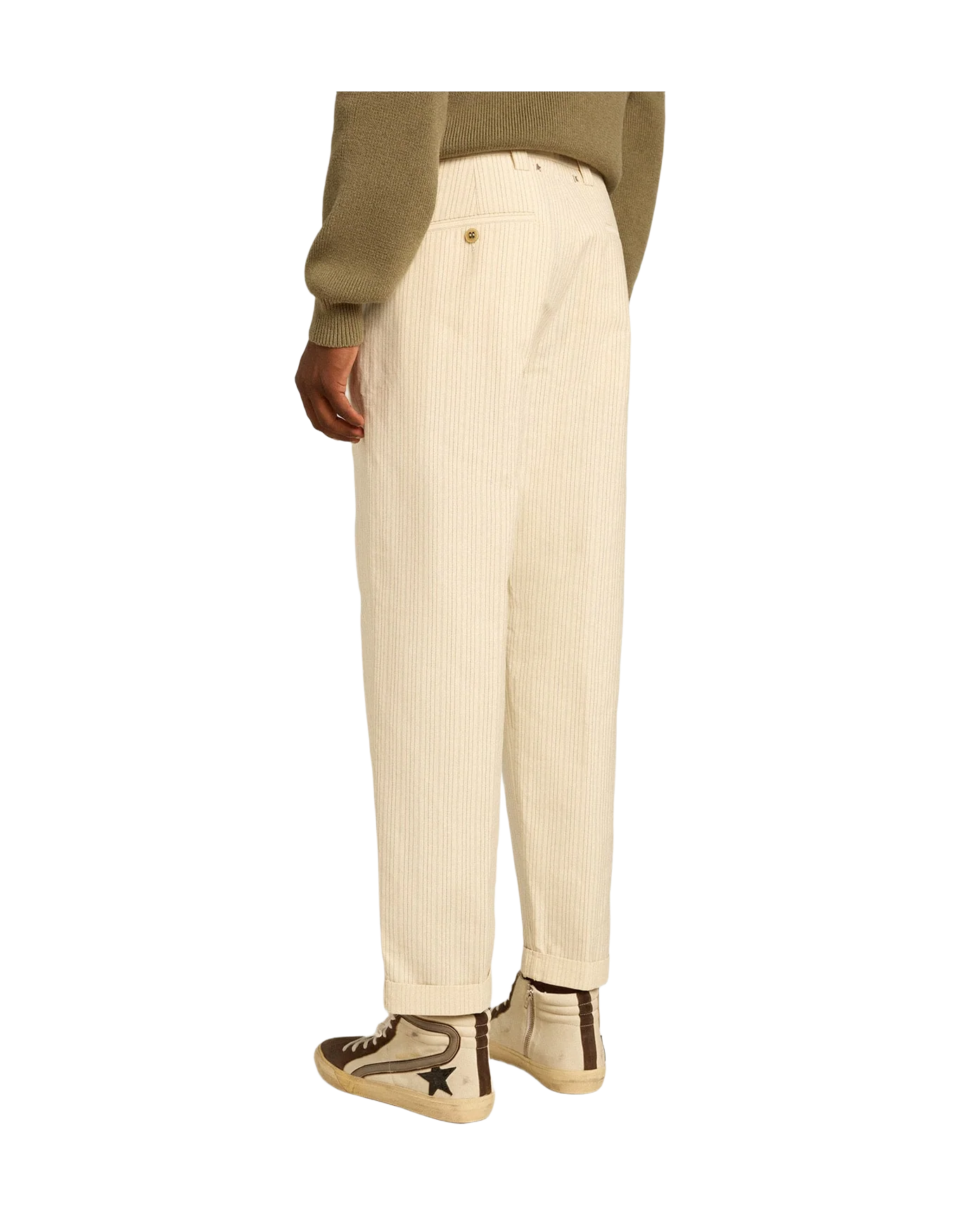 Men | Cream-Colored Pants Striped Cotton | Ecru x Eclipse x Dull Gold - Image 3