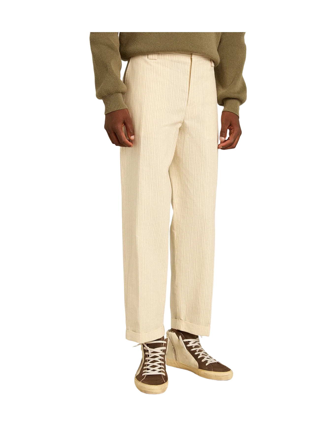 Men | Cream-Colored Pants Striped Cotton | Ecru x Eclipse x Dull Gold - Image 7