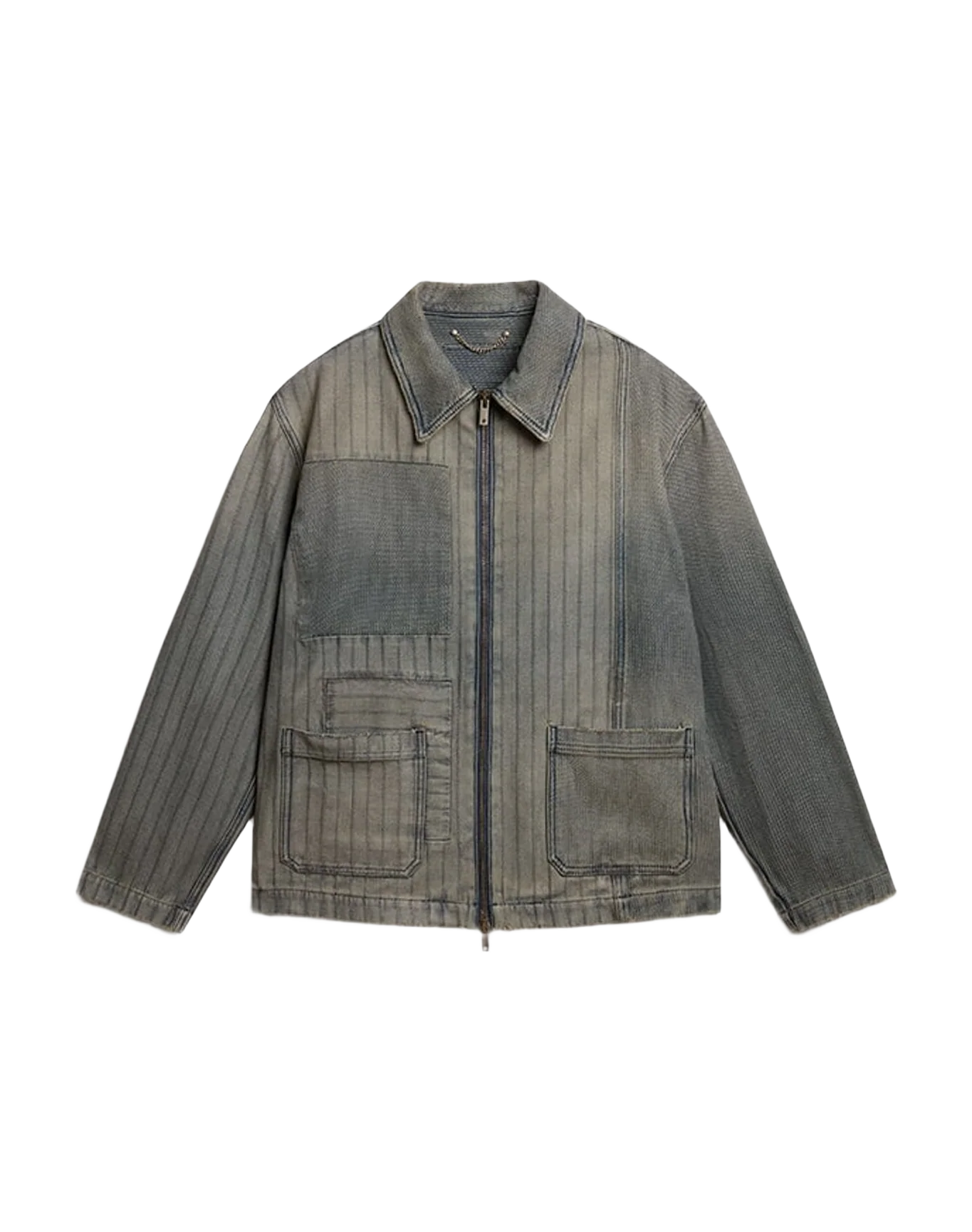 Men | Denim Jacket with Stripes & Patches On The Front | Grey