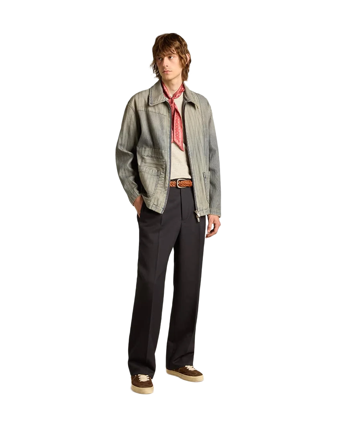 Men | Denim Jacket with Stripes & Patches On The Front | Grey - Image 3