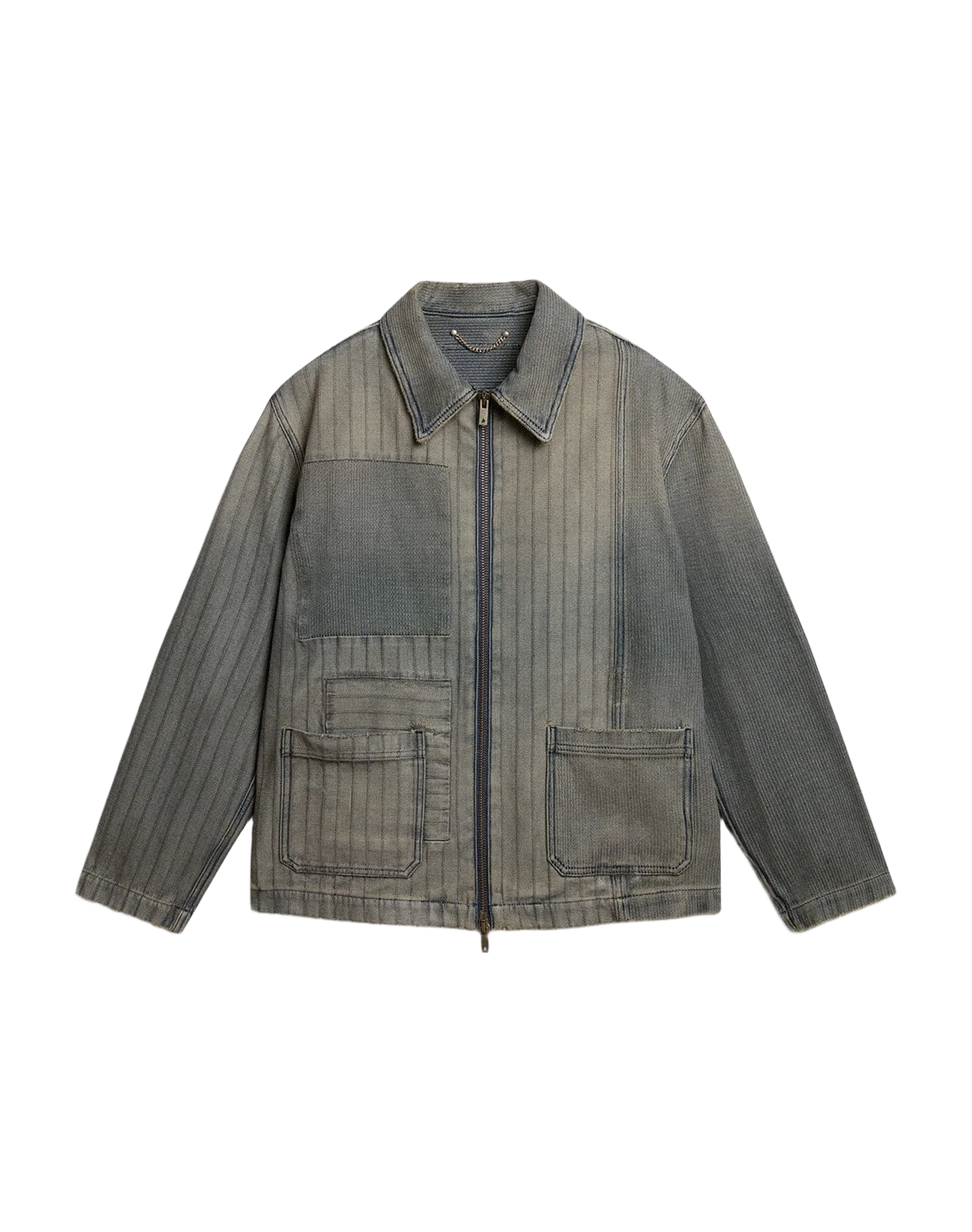 Men | Denim Jacket with Stripes & Patches On The Front | Grey - Image 4