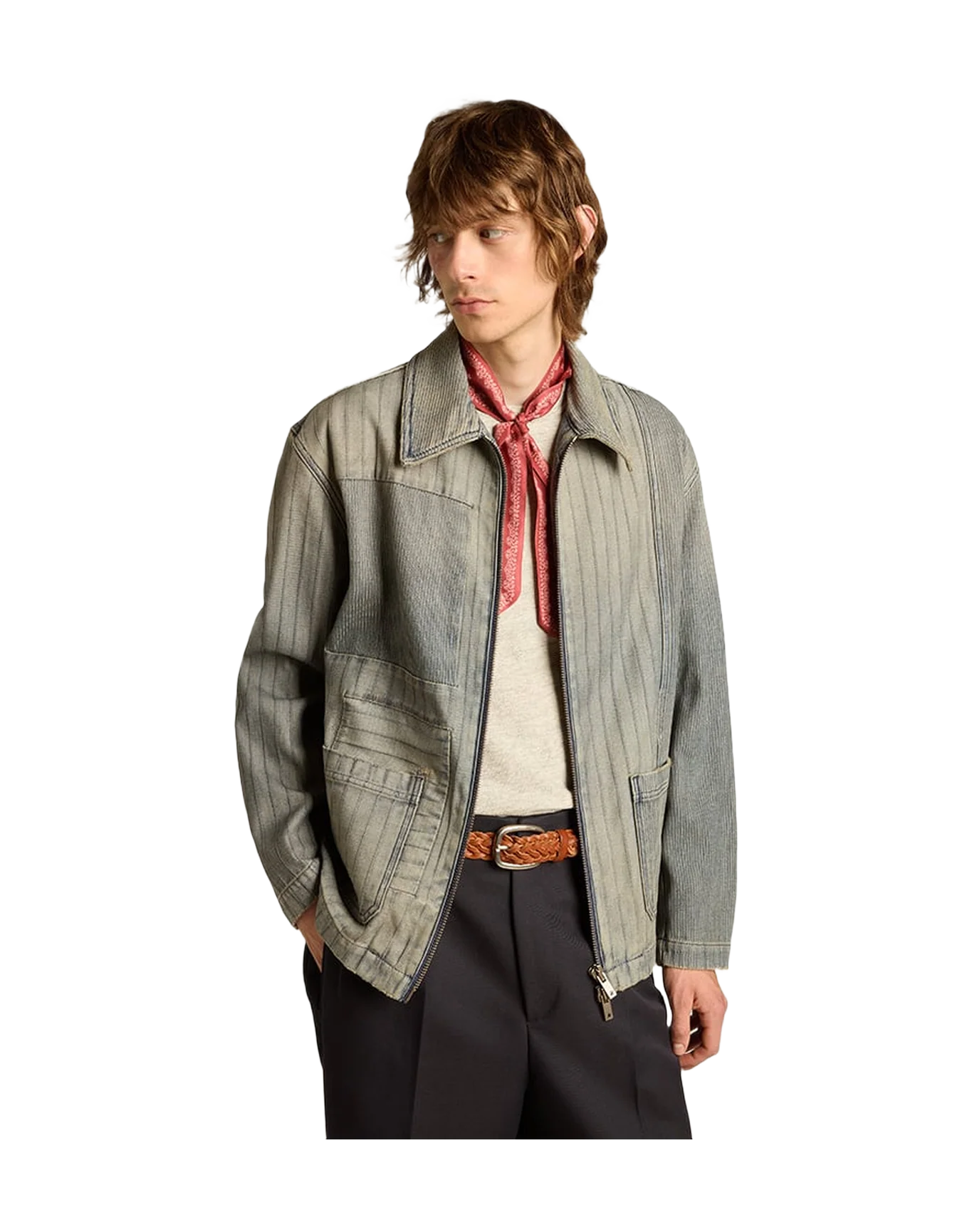 Men | Denim Jacket with Stripes & Patches On The Front | Grey - Image 6