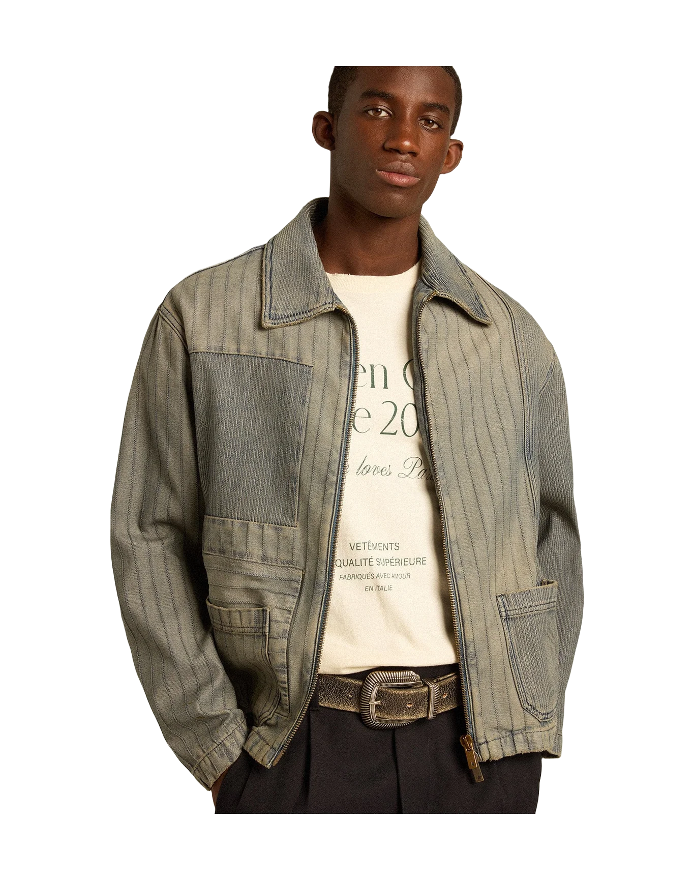 Men | Denim Jacket with Stripes & Patches On The Front | Grey - Image 8