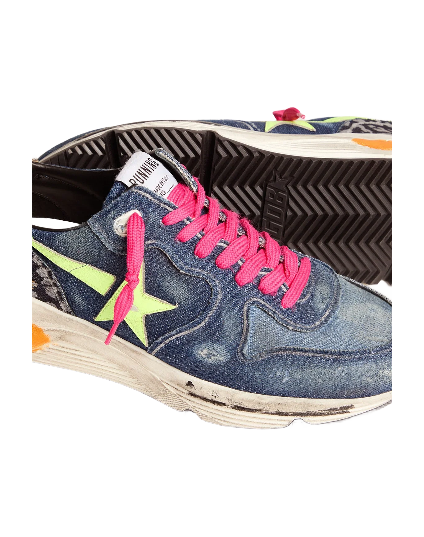 Men | Denim Running Sole Sneakers with A Fluorescent Star & Pony Skin Heel Tab | Dark Blue x Light Blue x Yellow Fluo x Indaco Leo - Image 2