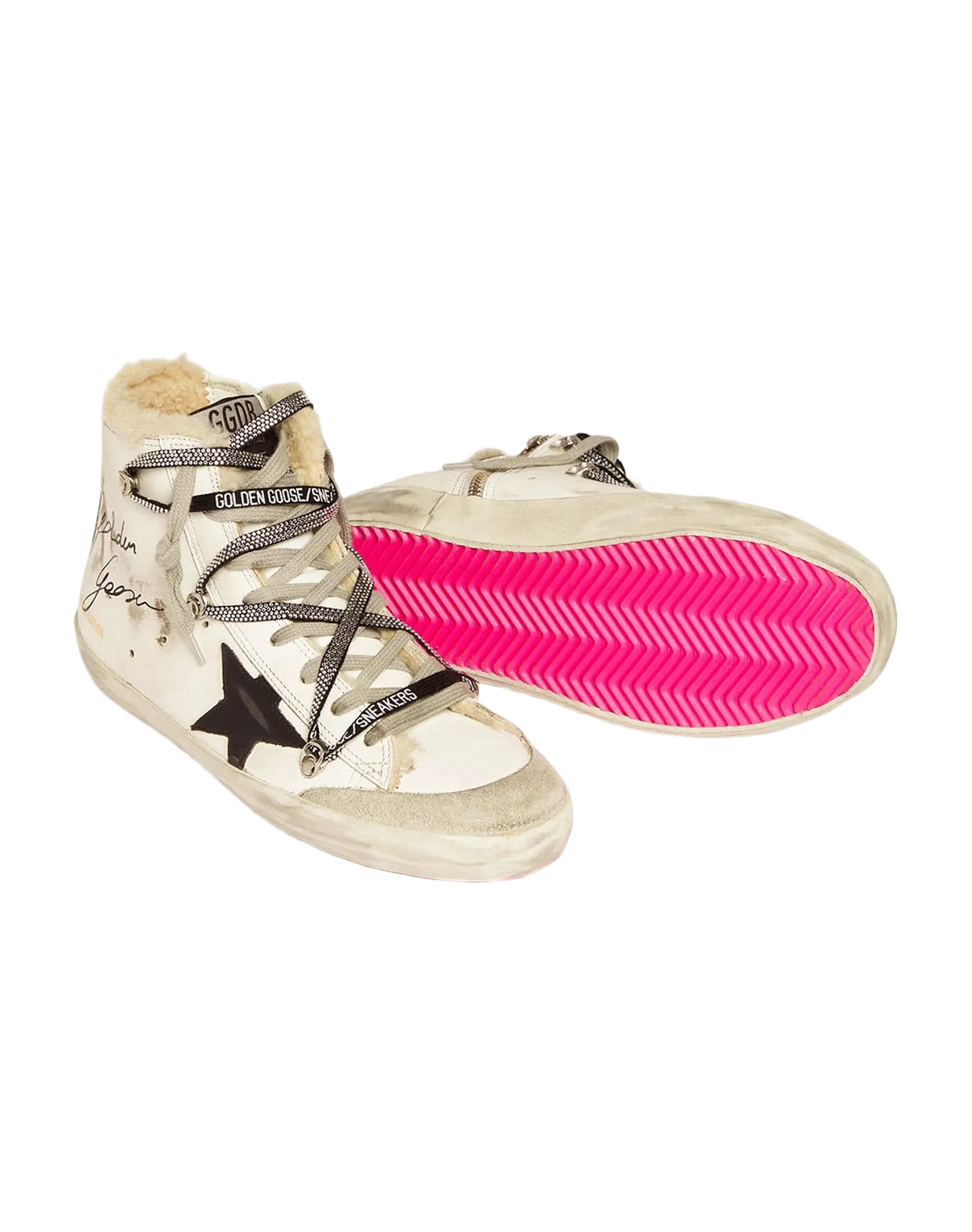 Men | Francy Penstar Lab Sneakers with Shearling Inserts & Black Star | White x Black x Yellow Fluo - Image 3