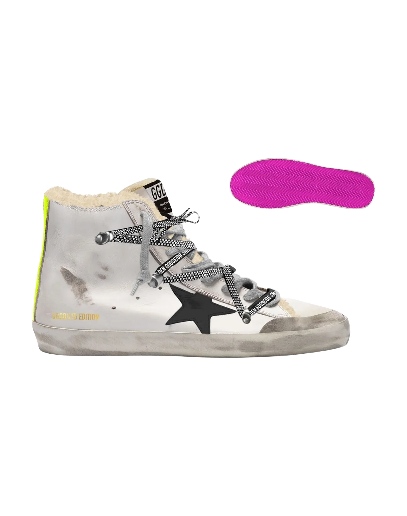 Men | Francy Penstar Lab Sneakers with Shearling Inserts & Black Star | White x Black x Yellow Fluo - Image 4