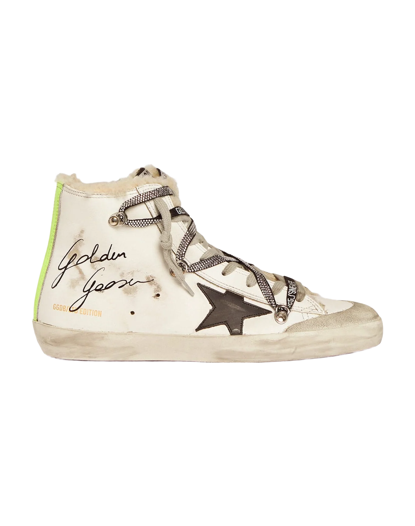 Men | Francy Penstar Lab Sneakers with Shearling Inserts & Black Star | White x Black x Yellow Fluo - Image 5