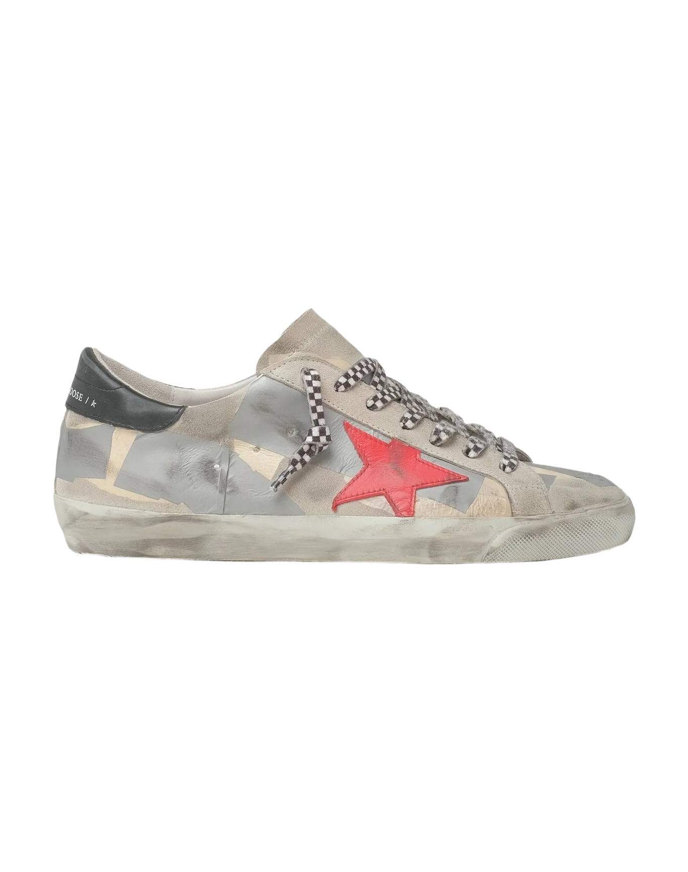 Men | Grey Super-Star Sneakers with Pink Star & Dark Grey Leather Heel Tab | Beige Silver x Ice x Red x Black