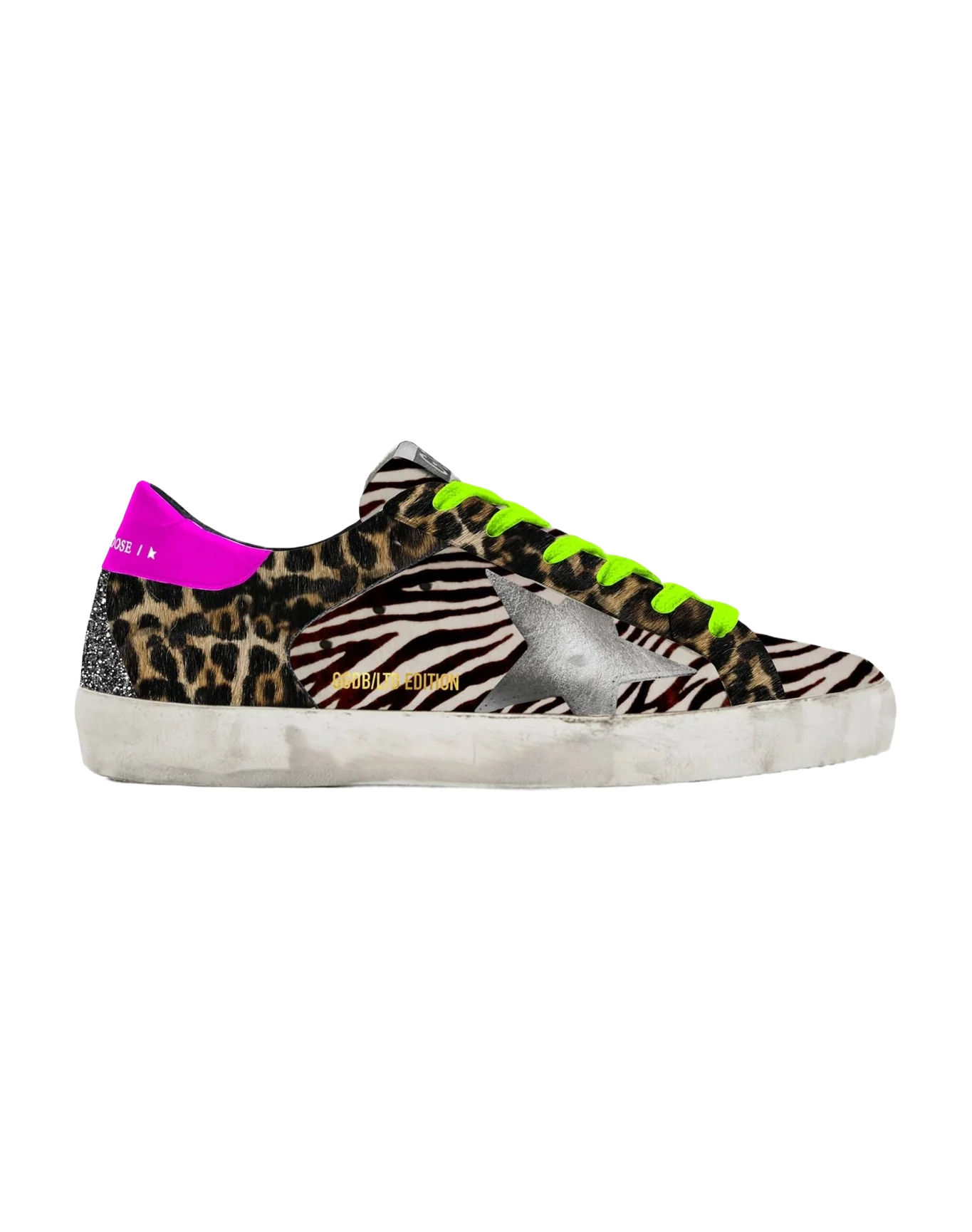 Men | Limited Edition Lab Glitter Animal-Print Super-Star Sneakers | Black Zebra x Beige Brown Leo x Silver x Fuchsia Fluo
