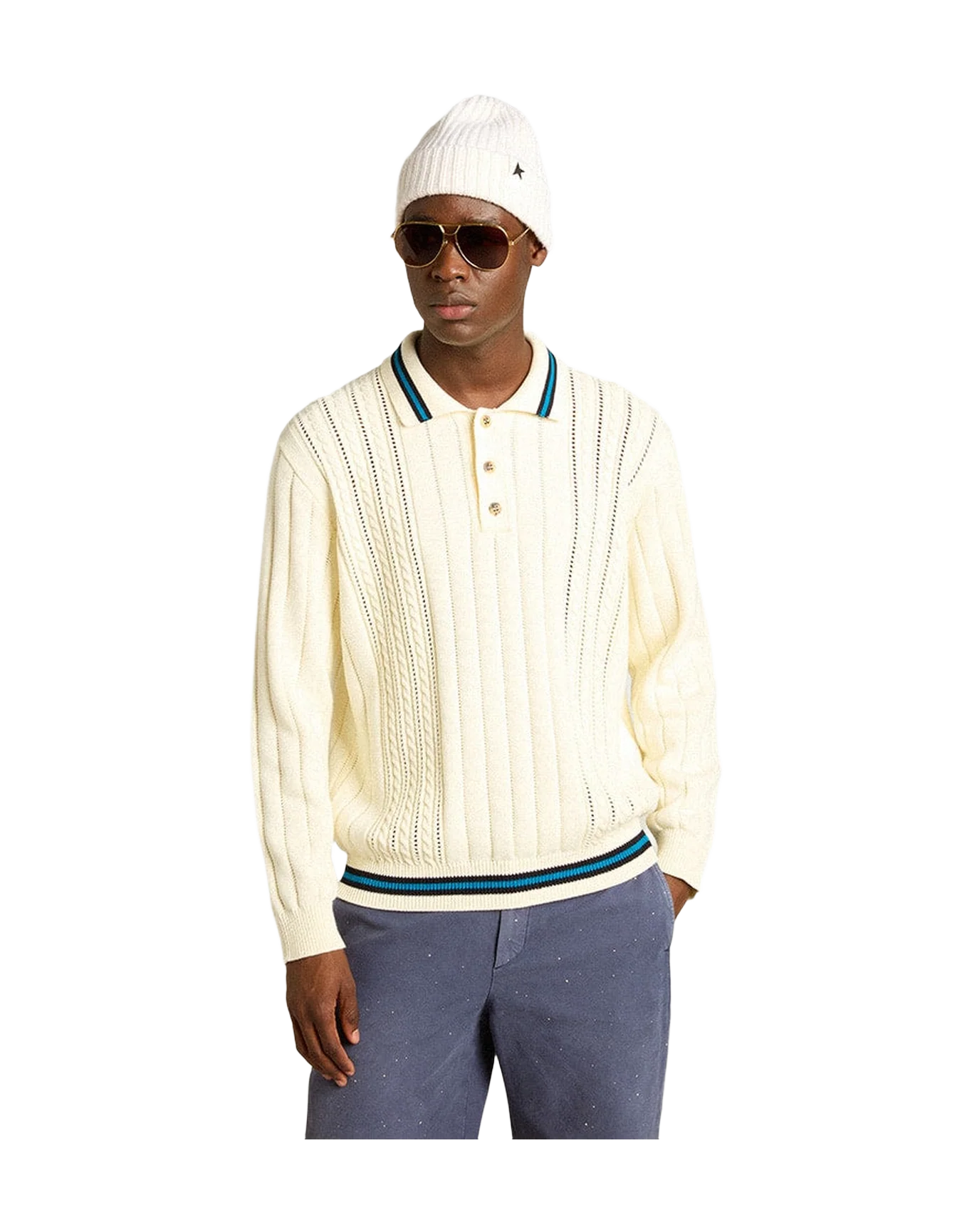 Men | Long-Sleeved Polo Shirt with Perforated Details | Heritage White x Blue - Image 2