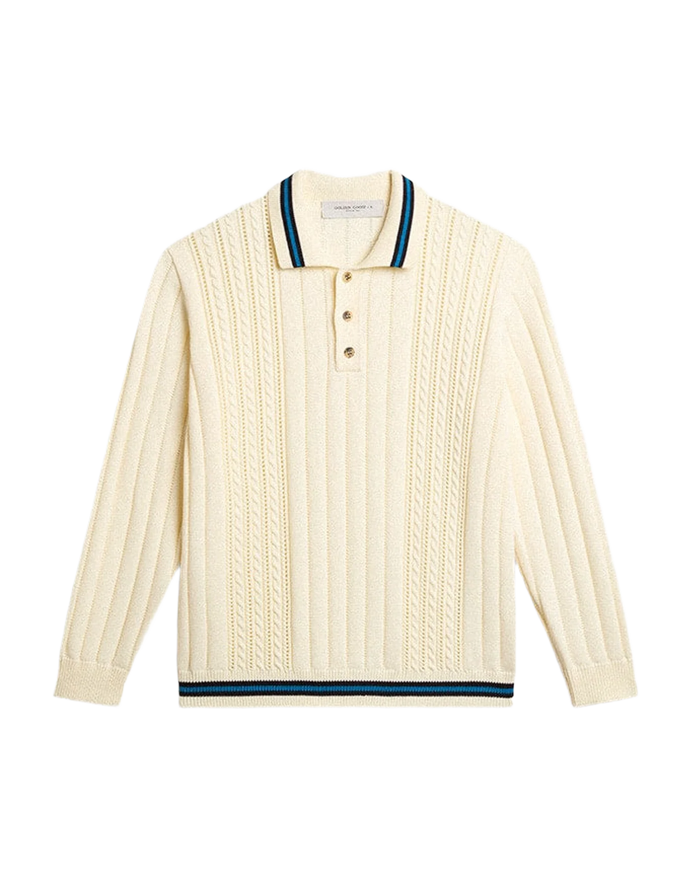 Men | Long-Sleeved Polo Shirt with Perforated Details | Heritage White x Blue - Image 3