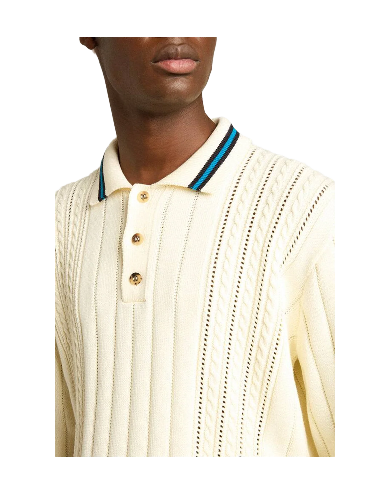Men | Long-Sleeved Polo Shirt with Perforated Details | Heritage White x Blue - Image 4