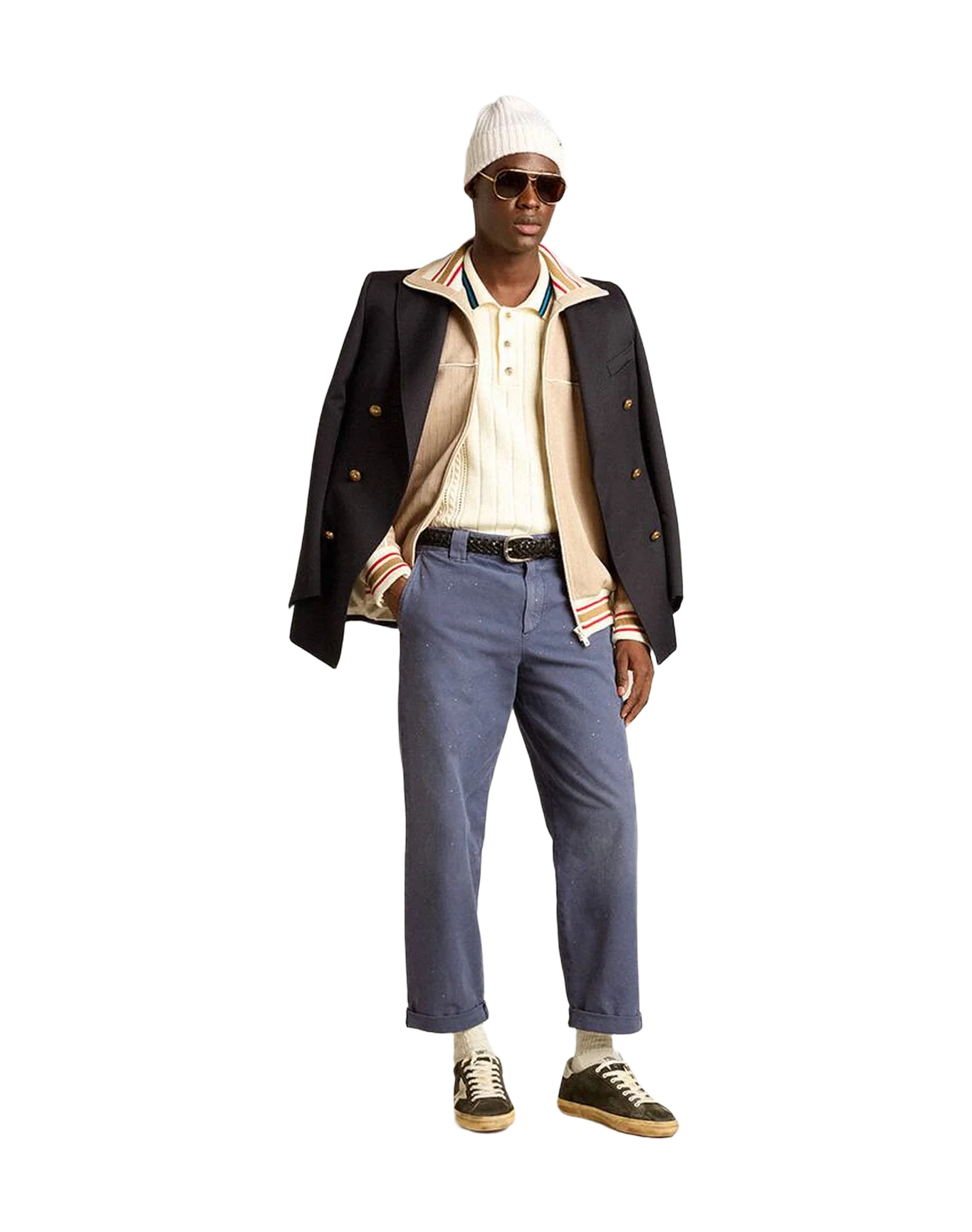 Men | Long-Sleeved Polo Shirt with Perforated Details | Heritage White x Blue - Image 5