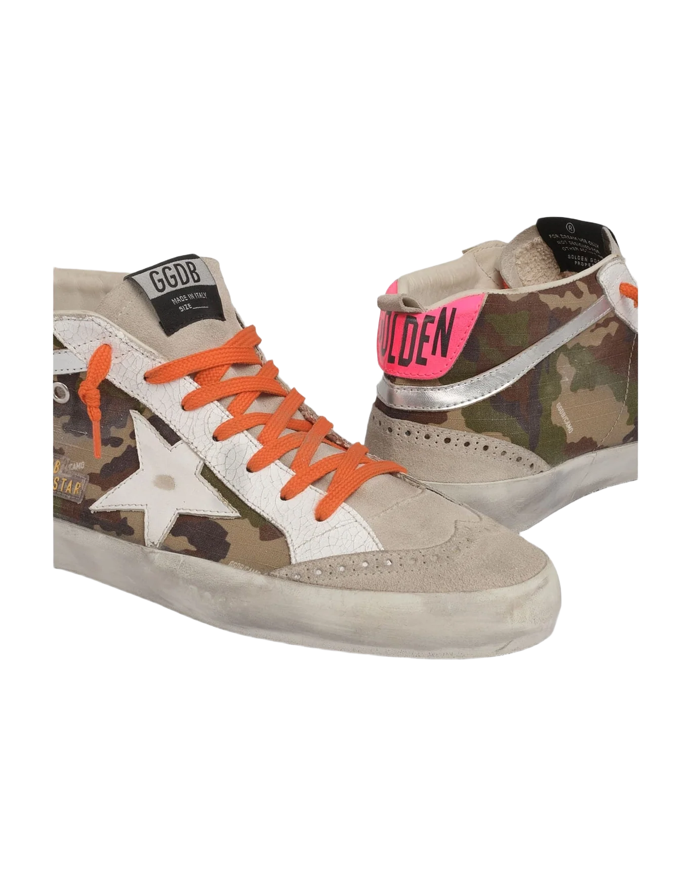 Men | Mid Star Mimetic Print with White Leather Star & Fluorescent Orange Laces | Green Camouflage x Ice x White x Silver