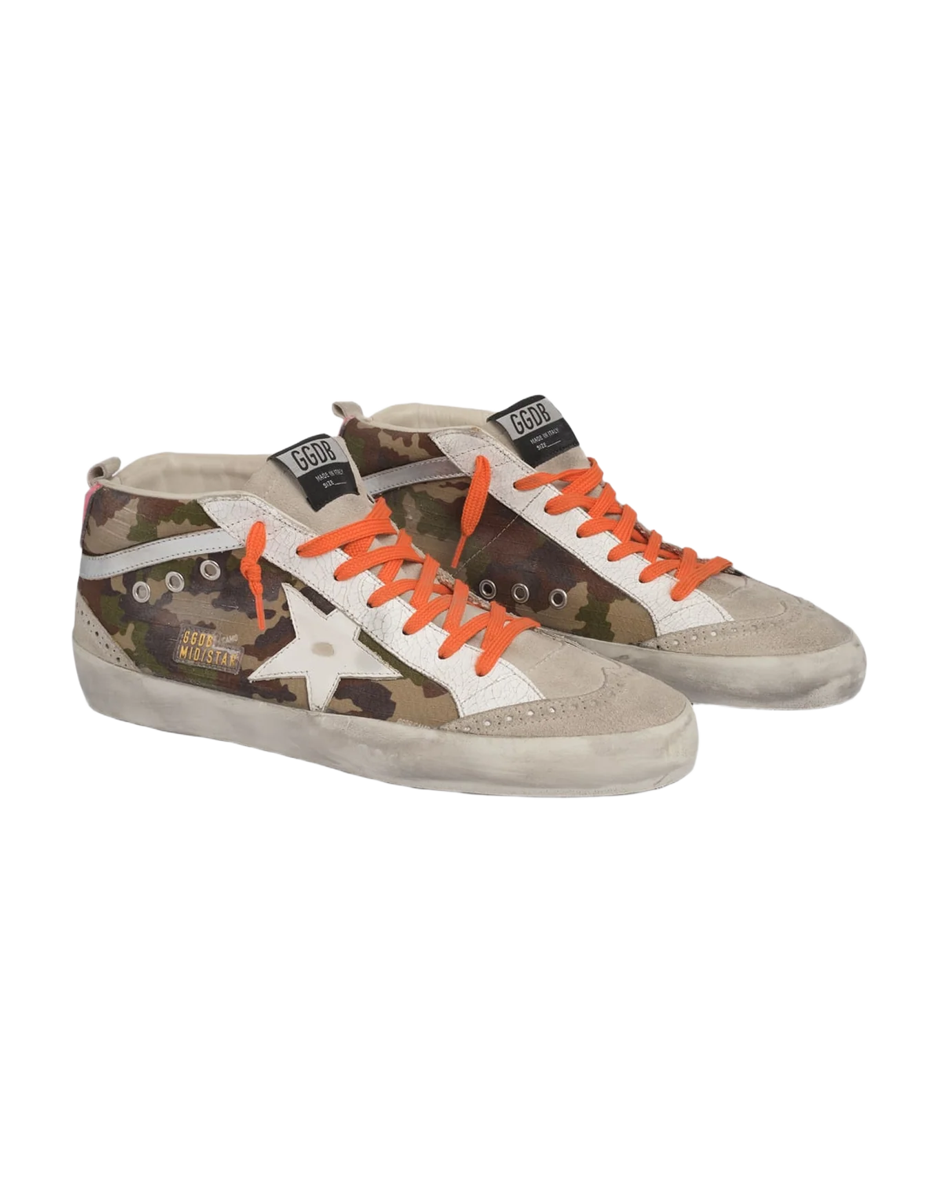 Men | Mid Star Mimetic Print with White Leather Star & Fluorescent Orange Laces | Green Camouflage x Ice x White x Silver - Image 2