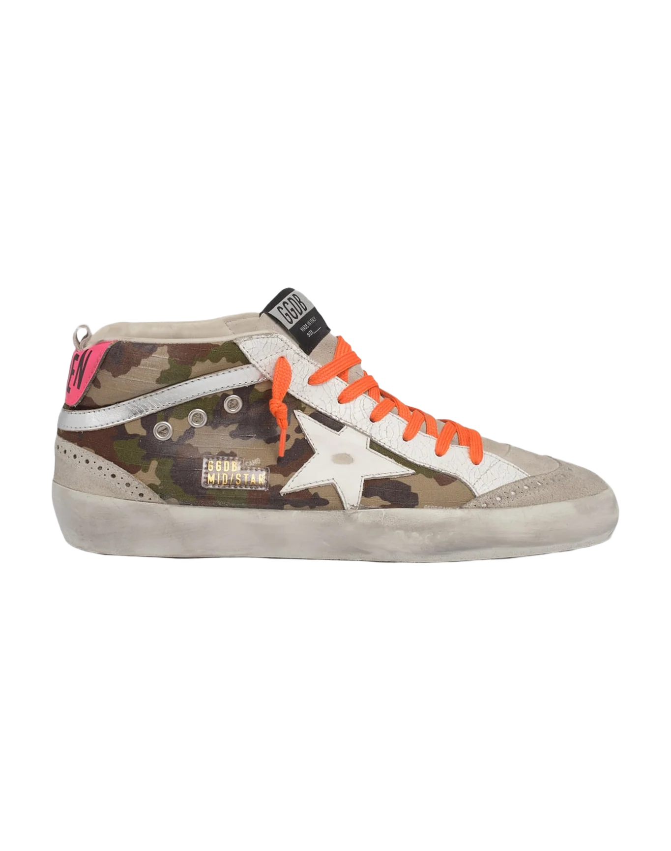 Men | Mid Star Mimetic Print with White Leather Star & Fluorescent Orange Laces | Green Camouflage x Ice x White x Silver - Image 6