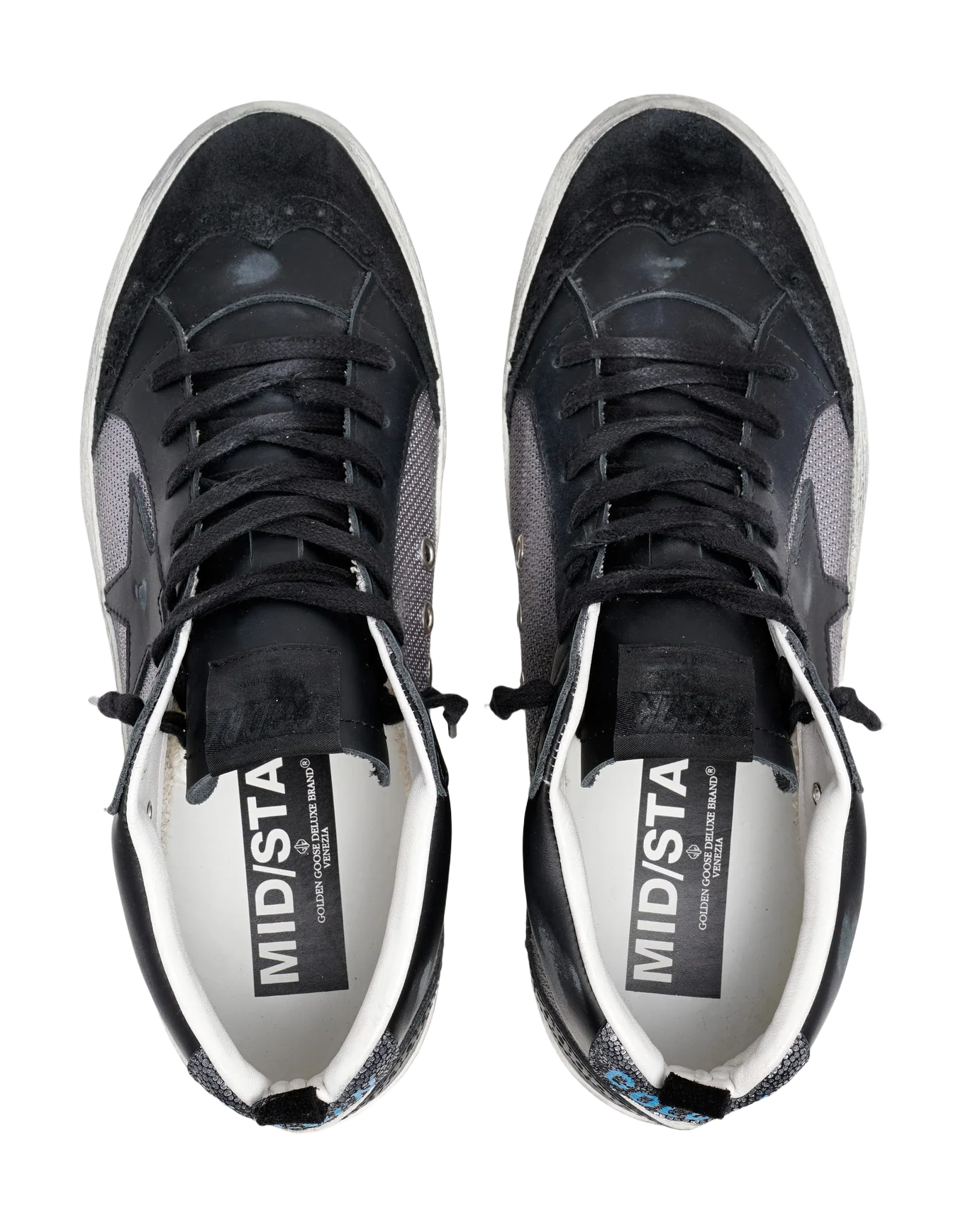 Men | Mid Star Sneakers Black Leather & Silver Mesh | Black x Grey x White - Image 2