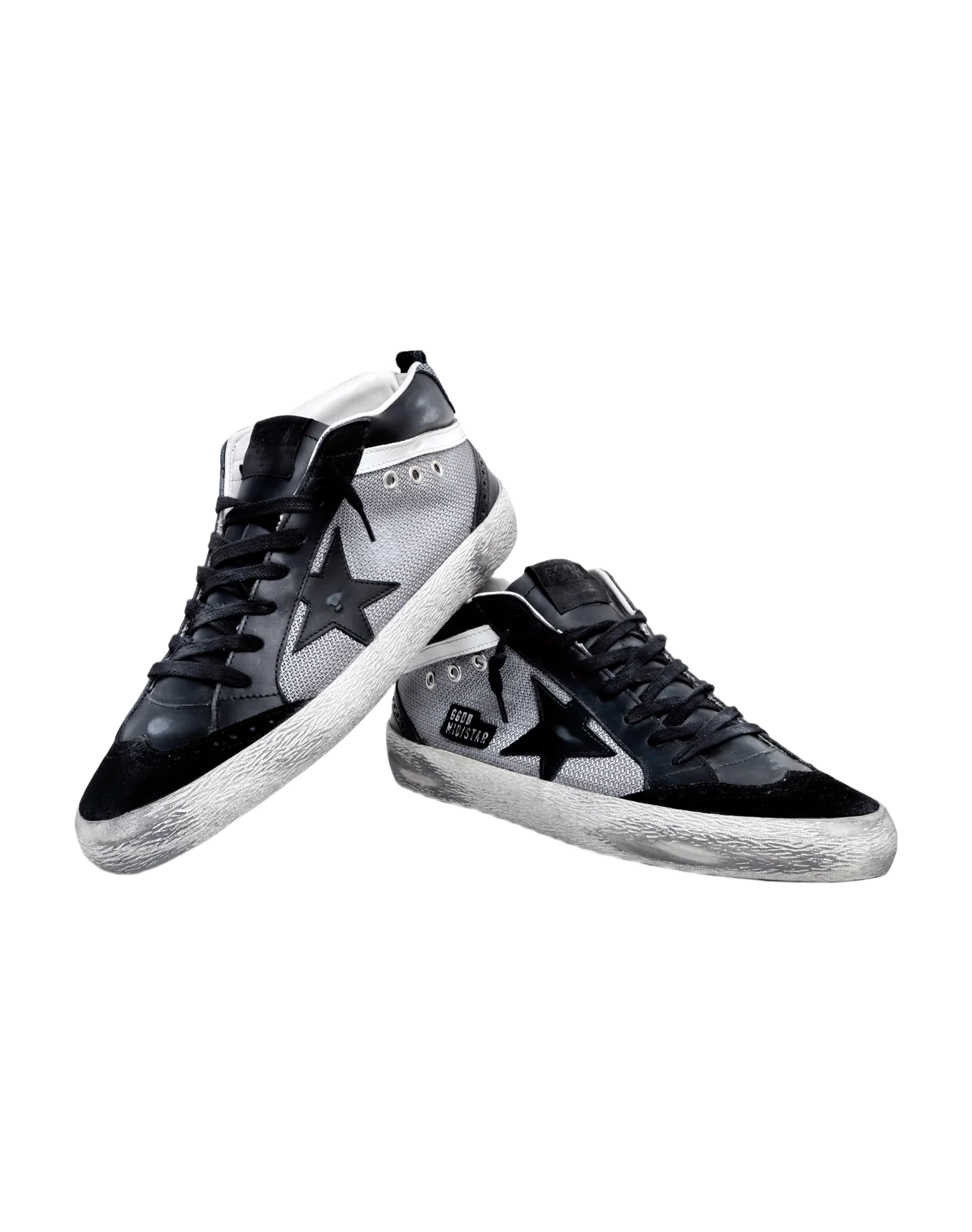 Men | Mid Star Sneakers Black Leather & Silver Mesh | Black x Grey x White - Image 9