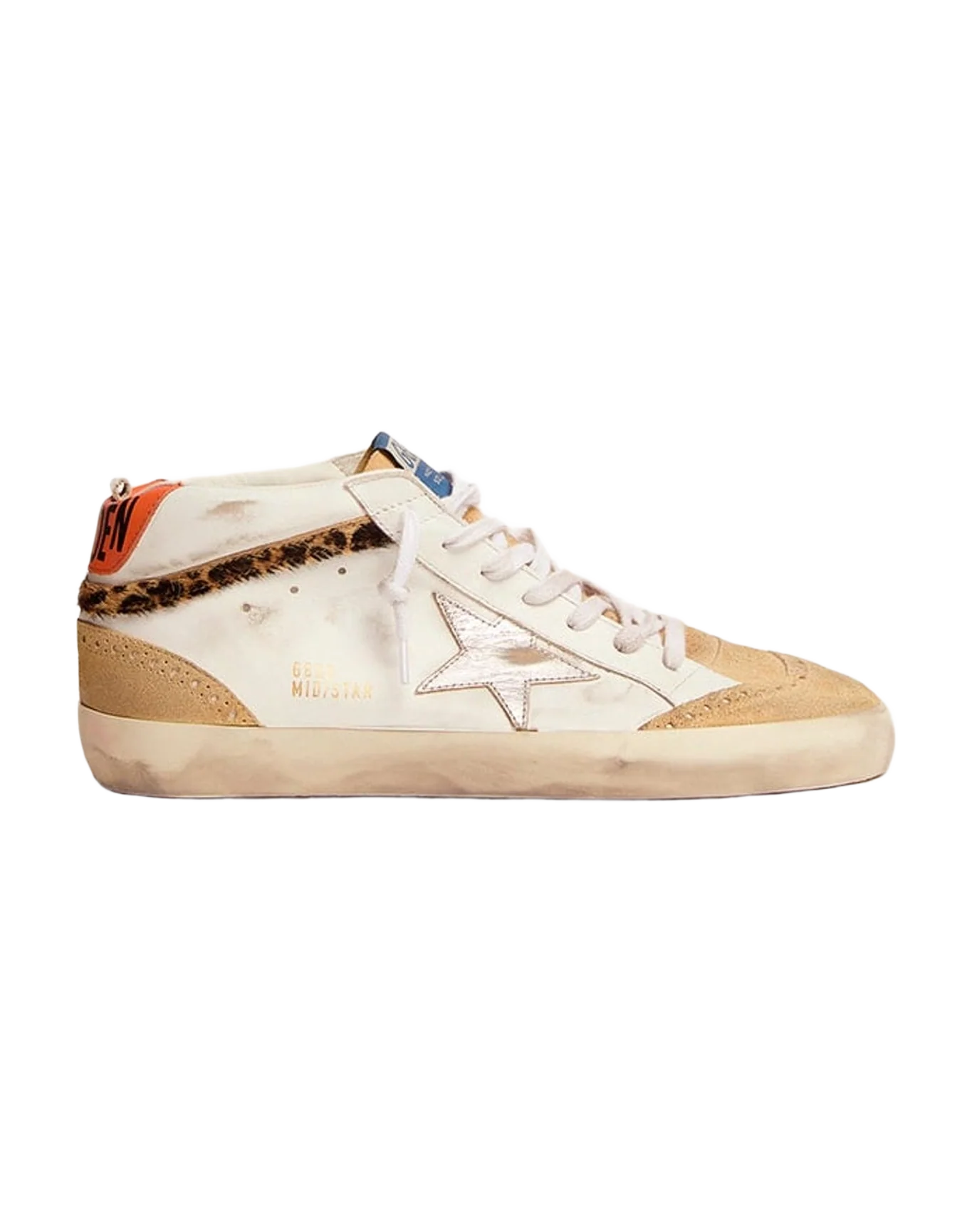 Men | Mid Star Sneakers White Leather with Leo Pony Skin Wave & Silver Star | White x Sand x Silver x Beige Brown Leo x Orange