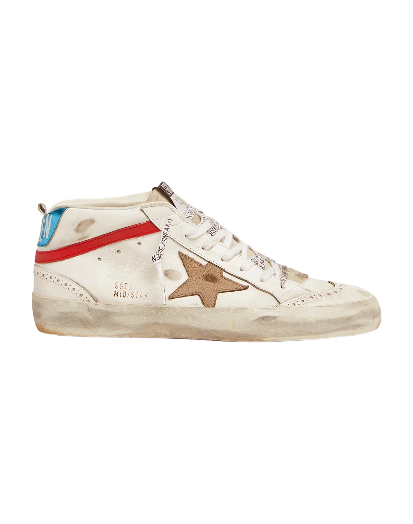 Men | Mid Star Sneakers with Metallic Light Blue Heel Tab & Crackled Khaki Star | White x Kaki x Red x Blue - Image 8