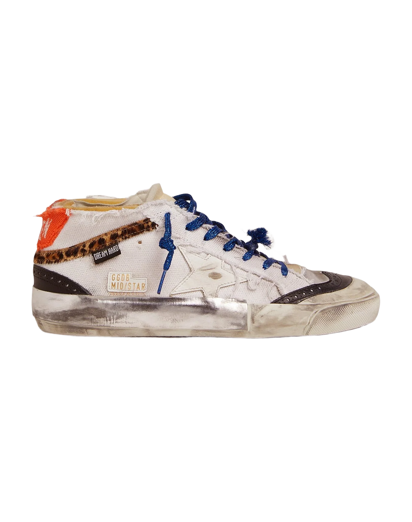Men | Mid Star Sneakers with White Canvas Upper & Multi-Foxing | White x Silver x Beige Brown Black Leo - Image 7