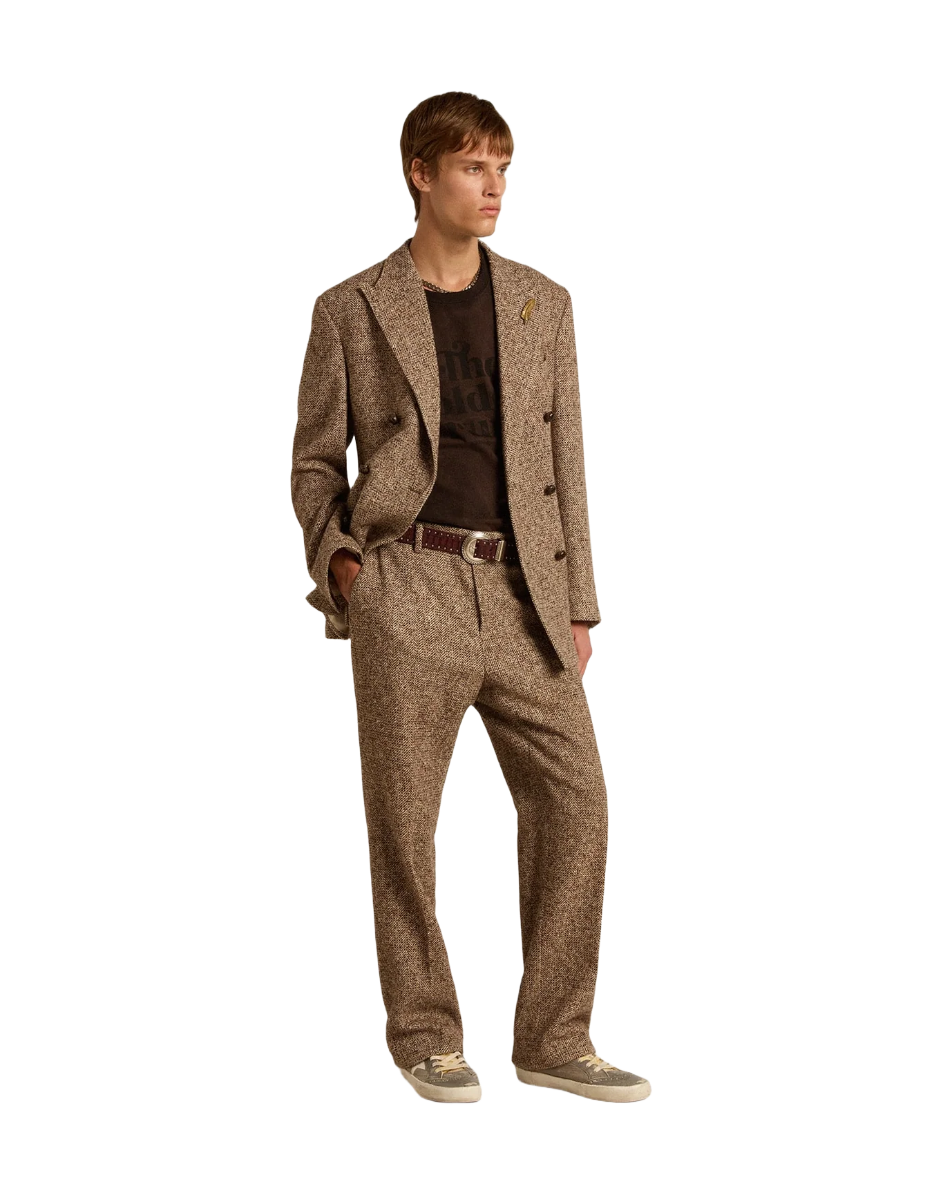 Men | Pants Beige & Brown Wool & Silk Blend Fabric | Beige x Brown x Bluette - Image 3
