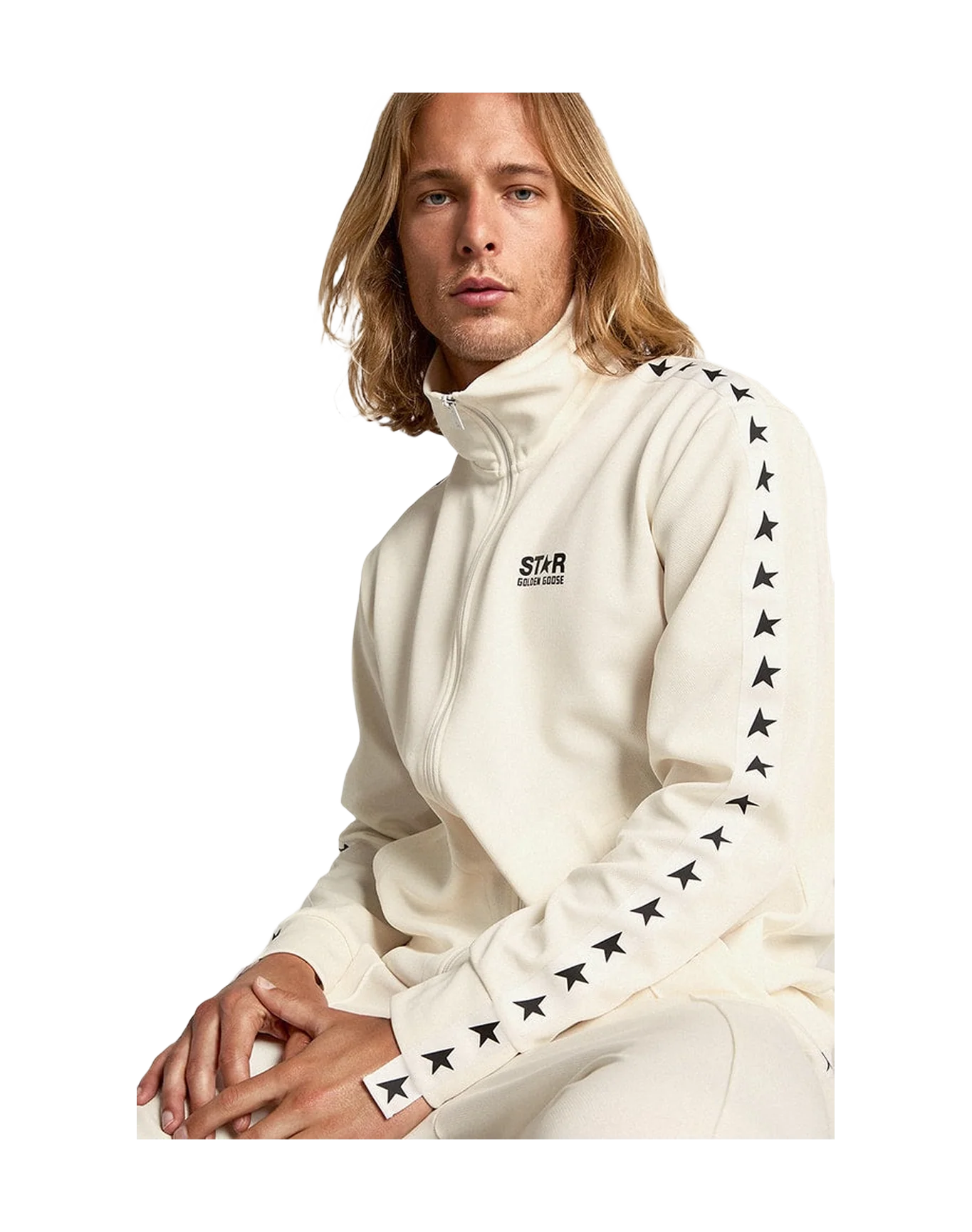 Men | Papyrus White Zipped Sweatshirt with Black Stars | Papyrus x Black - Image 5