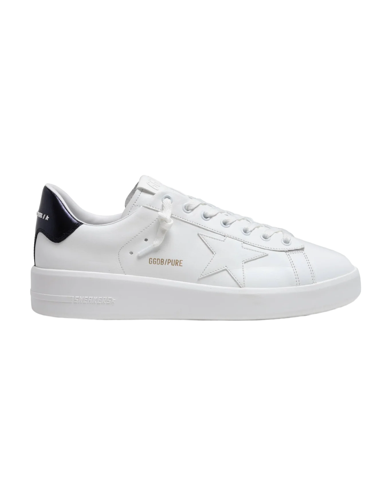 Men | Purestar Sneakers White Leather with Black Heel Tab | White x Navy Blue - Image 4