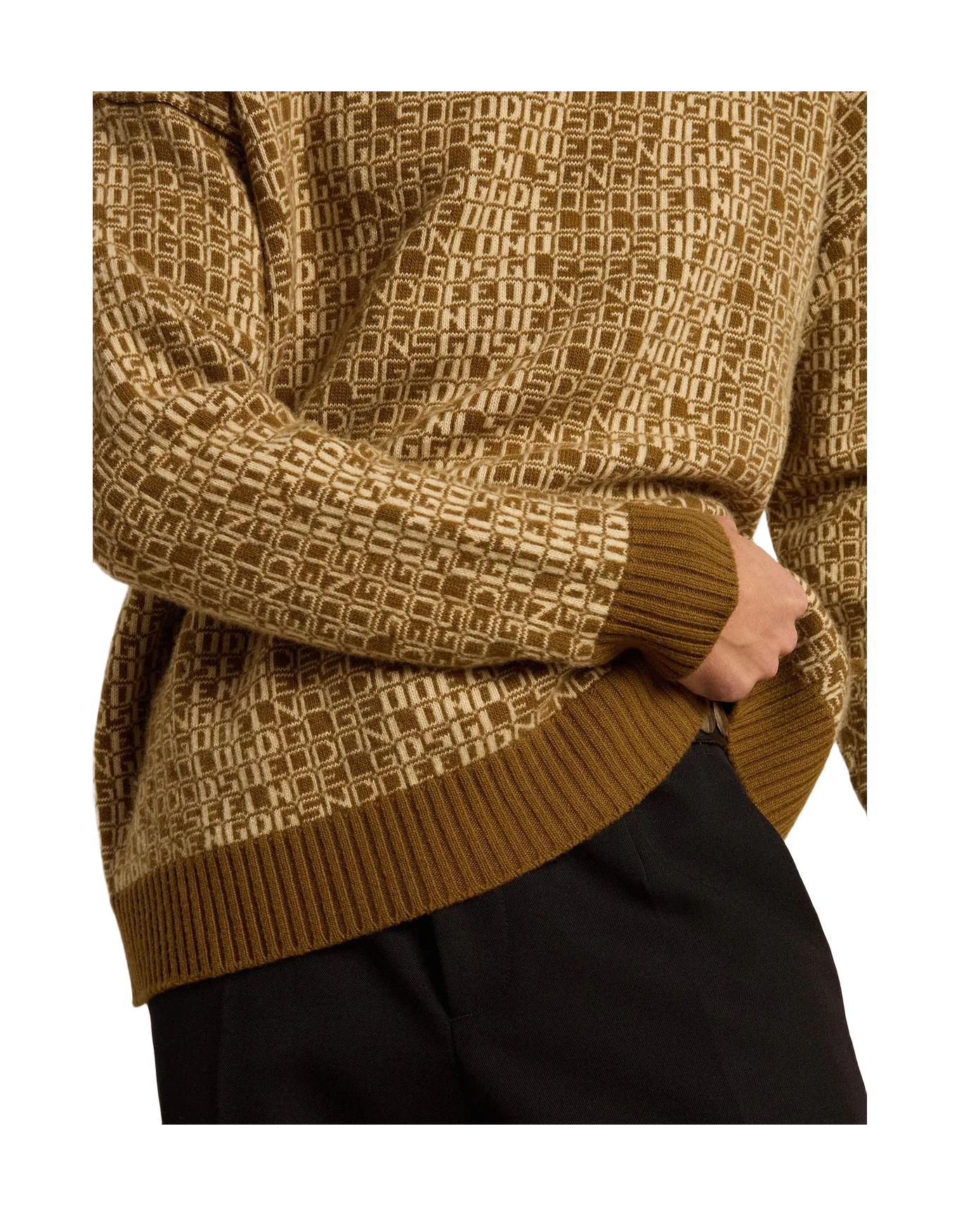 Men | Round-Neck Sweater with Olive-Green Jacquard Lettering Motif | Tapenade x Lamb''S Wool - Image 2