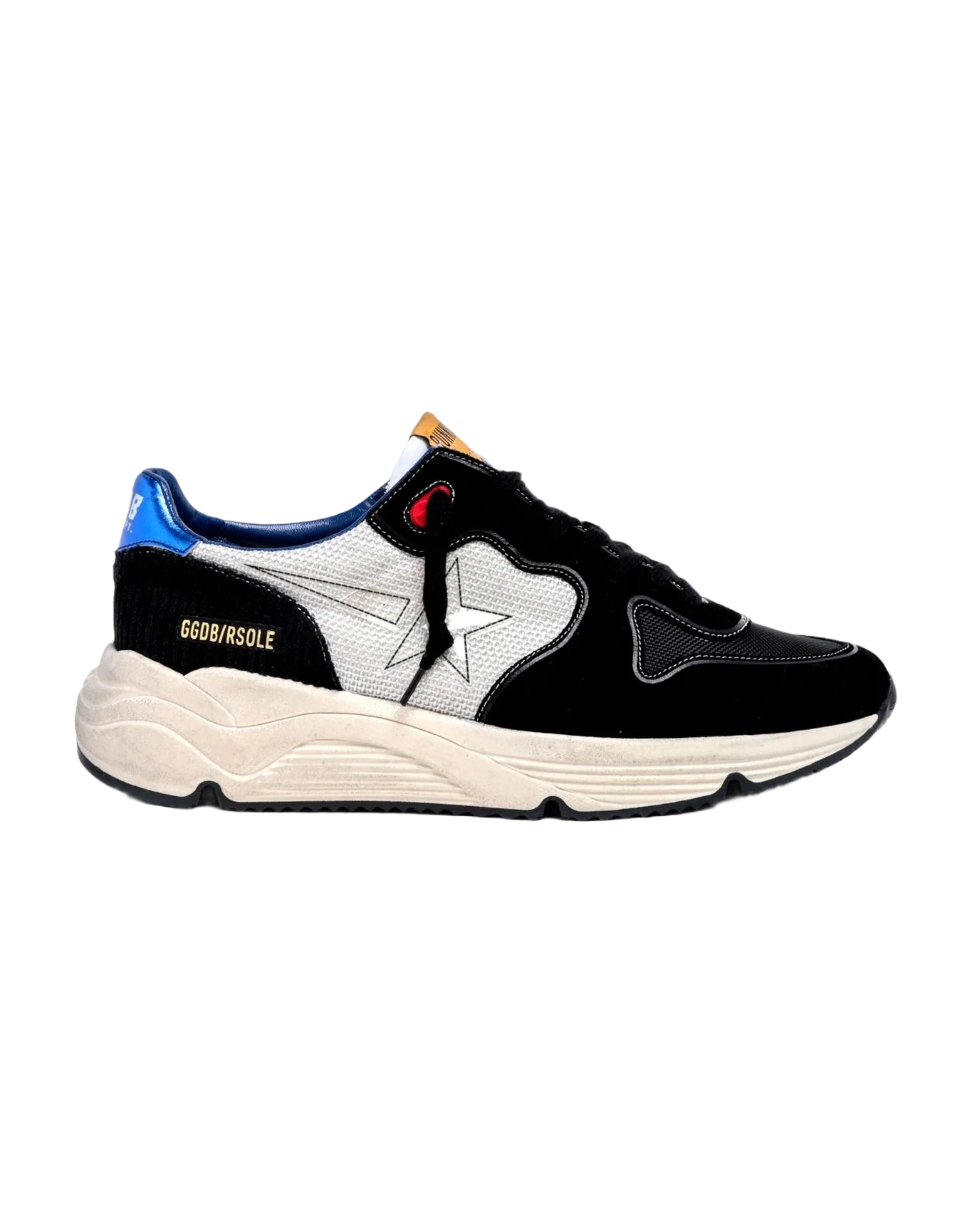 Men | Running Sole Black & White Sneakers with Metallic Blue Heel Tab | White x Black x Blue