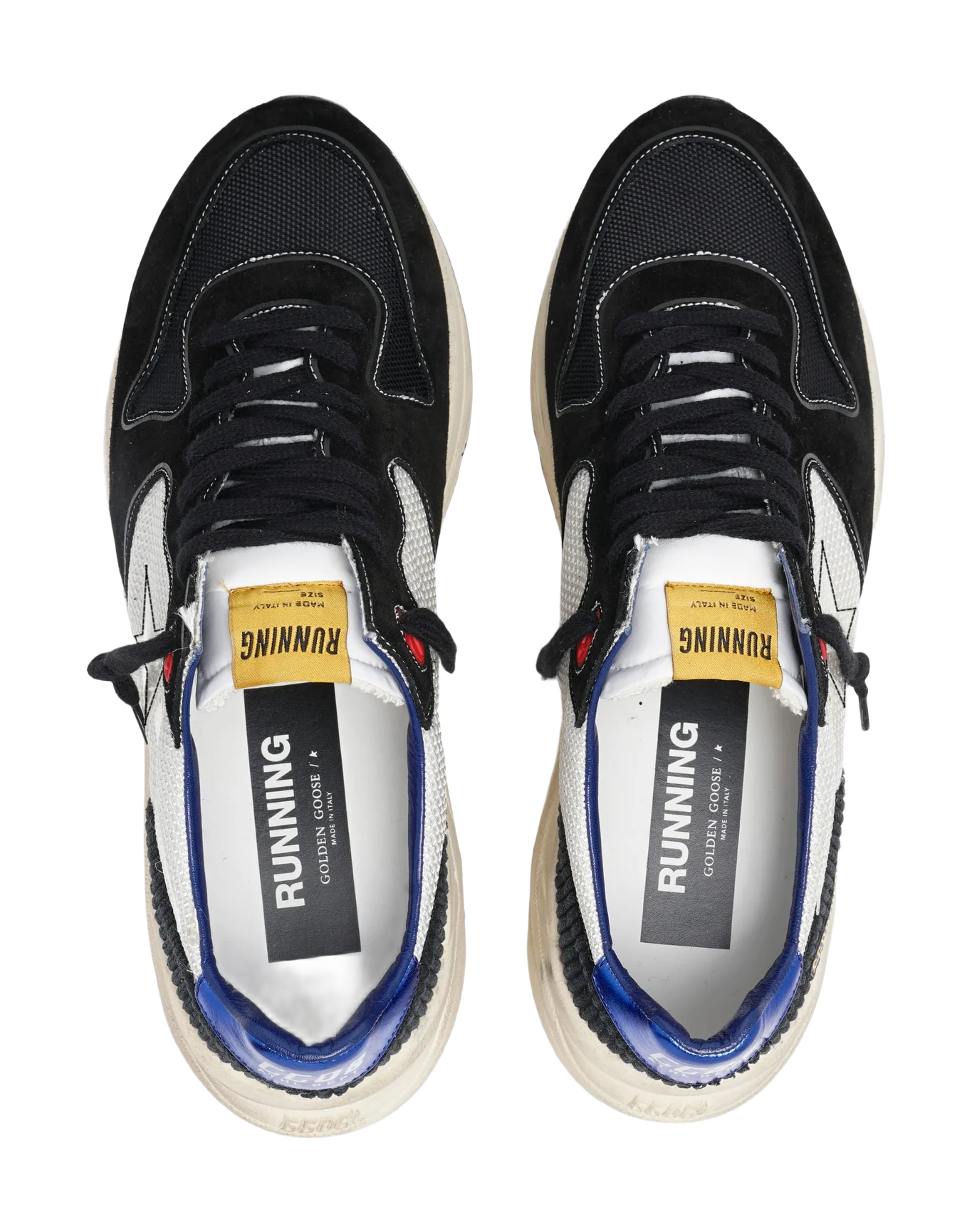 Men | Running Sole Black & White Sneakers with Metallic Blue Heel Tab | White x Black x Blue - Image 2