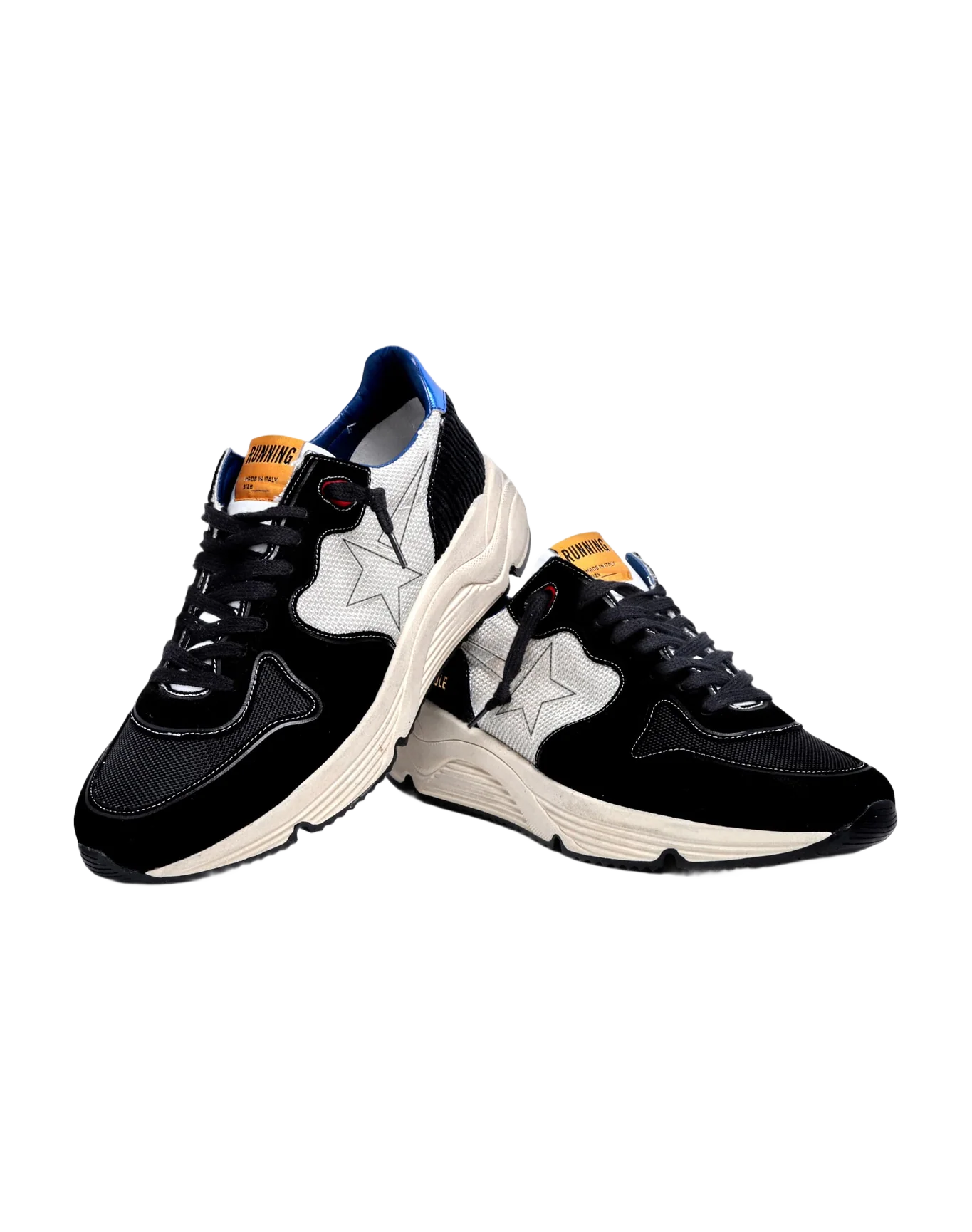 Men | Running Sole Black & White Sneakers with Metallic Blue Heel Tab | White x Black x Blue - Image 3
