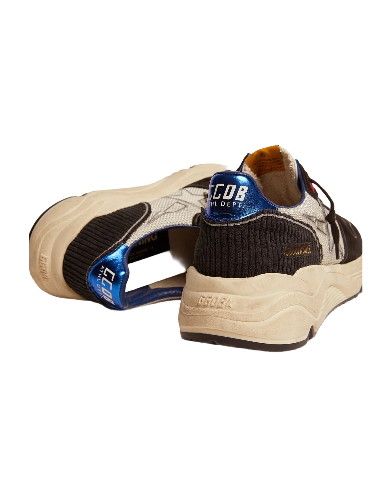 Men | Running Sole Black & White Sneakers with Metallic Blue Heel Tab | White x Black x Blue - Image 4
