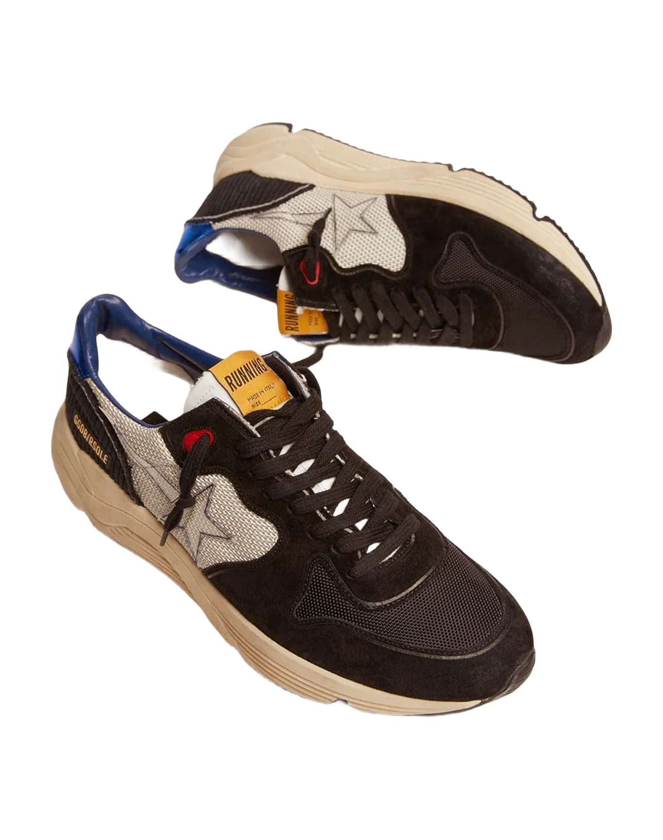 Men | Running Sole Black & White Sneakers with Metallic Blue Heel Tab | White x Black x Blue - Image 5